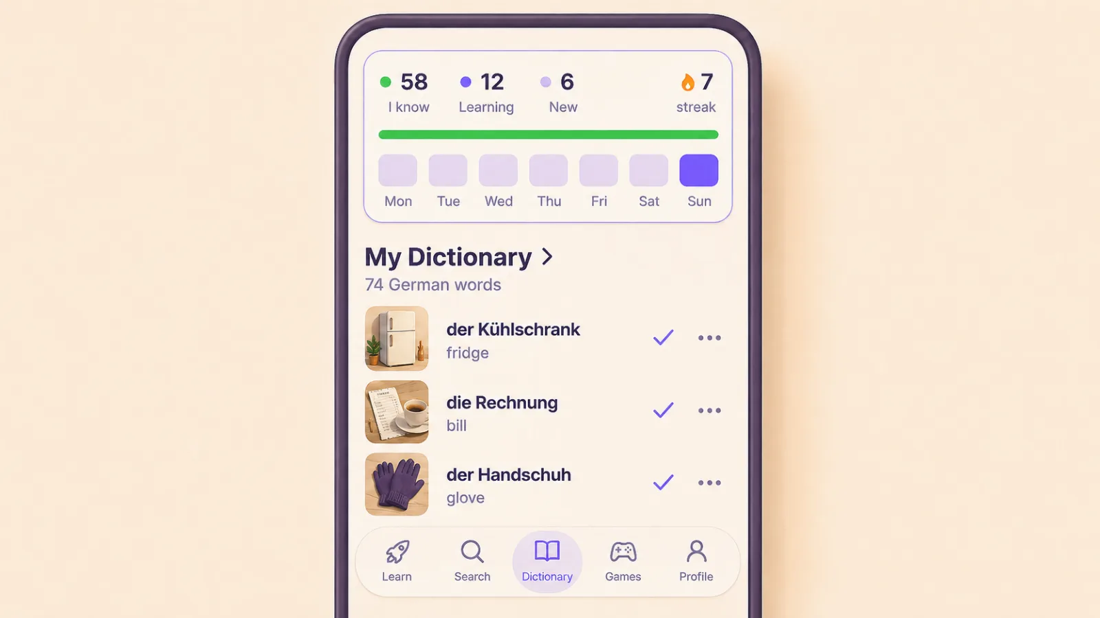 The My Dictionary screen in VibeLing with German words