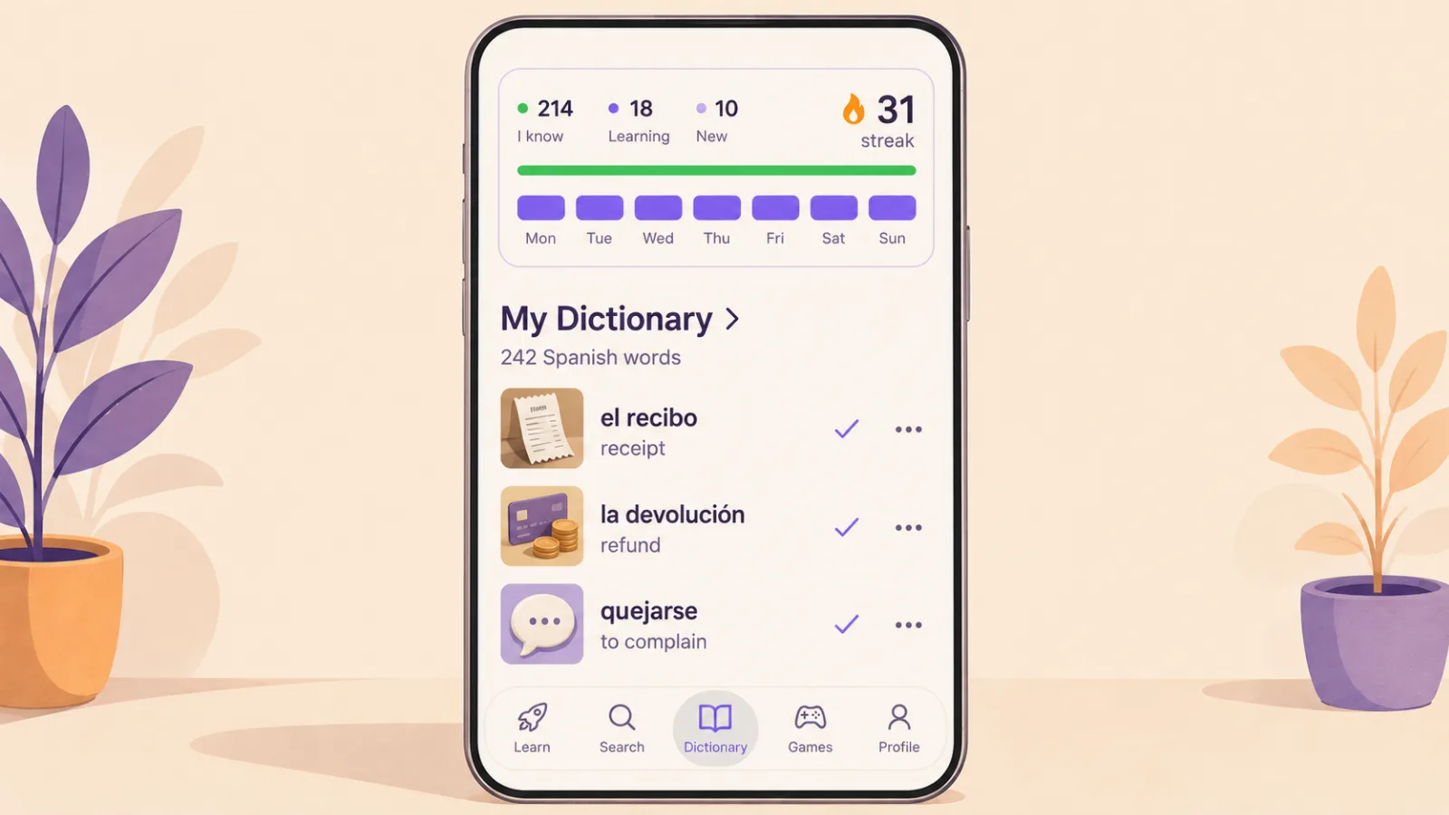 The day streak and vocabulary counters on the VibeLing home screen