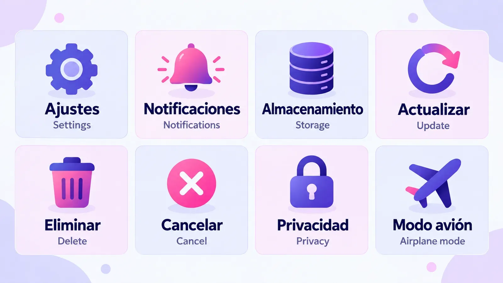 Cards with common phone interface words in Spanish and their English translations