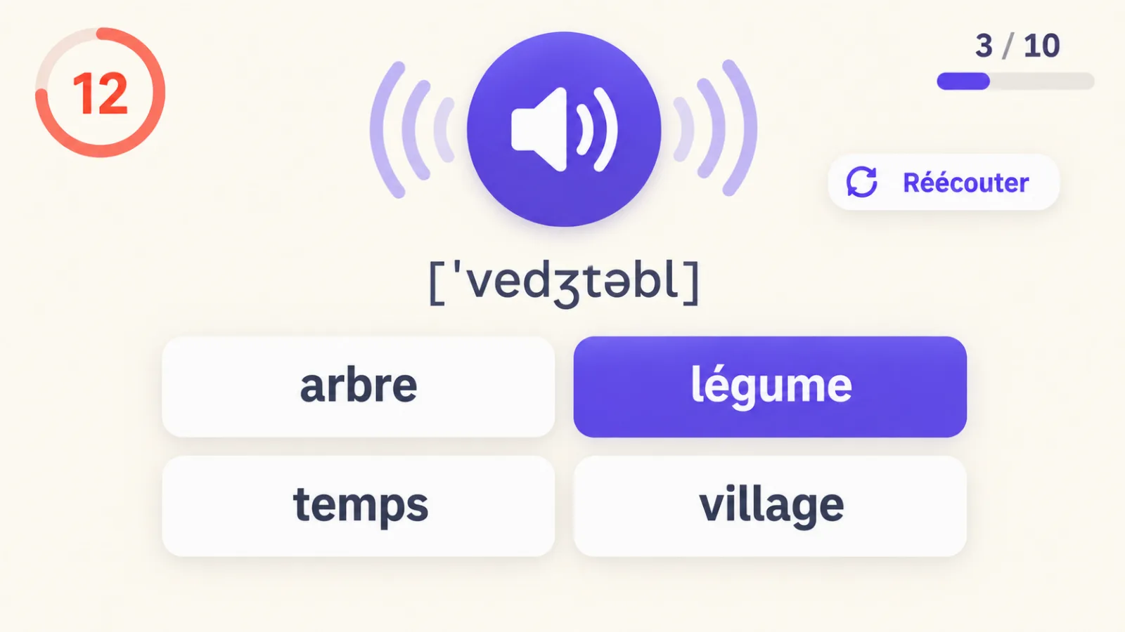 Jeu « Sprint d'écoute » : le mot est lu à voix haute, quatre traductions à l'écran