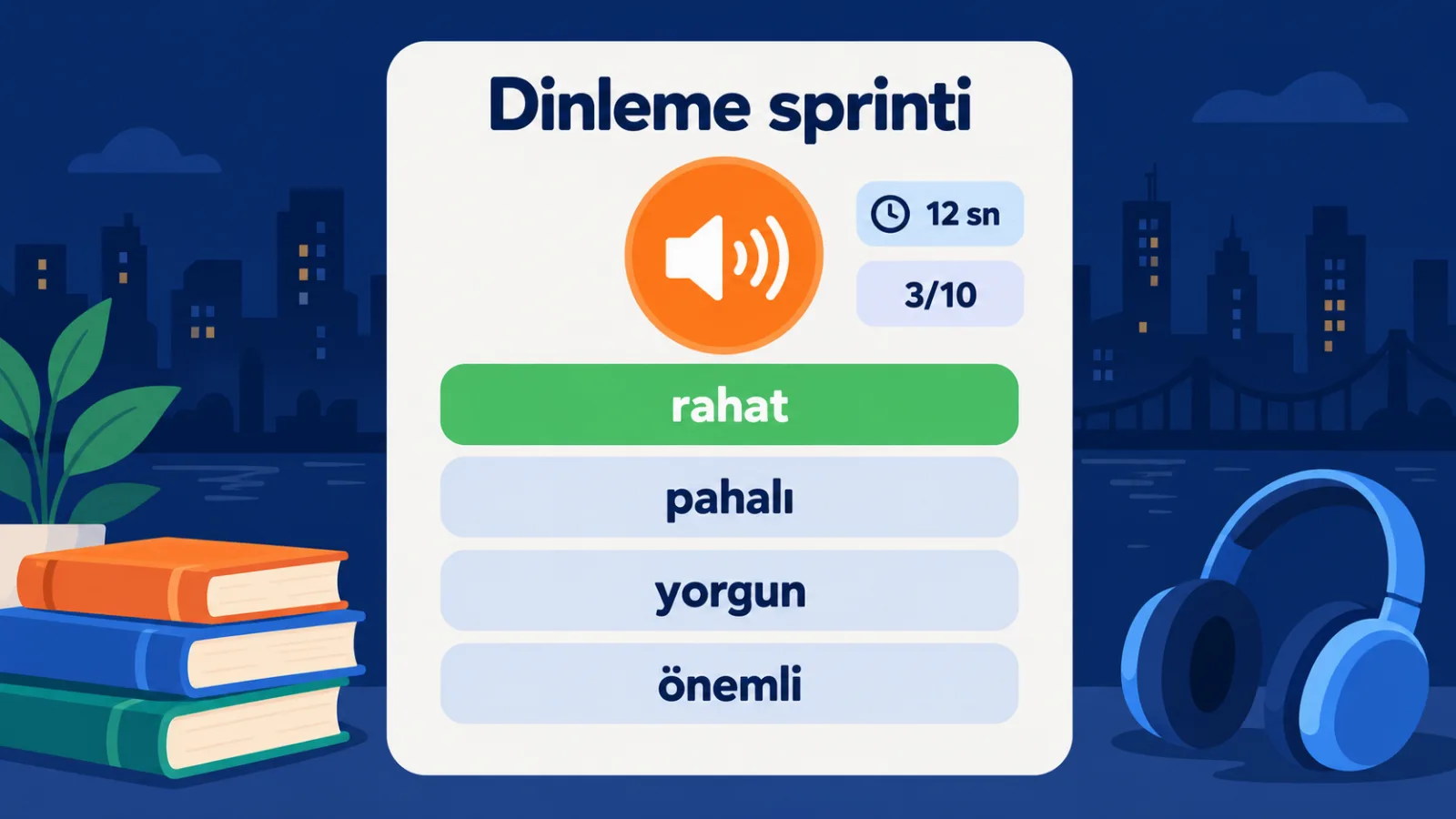 Dinleme sprinti oyunu: kelime duyulur, çeviri 12 saniyede seçilir