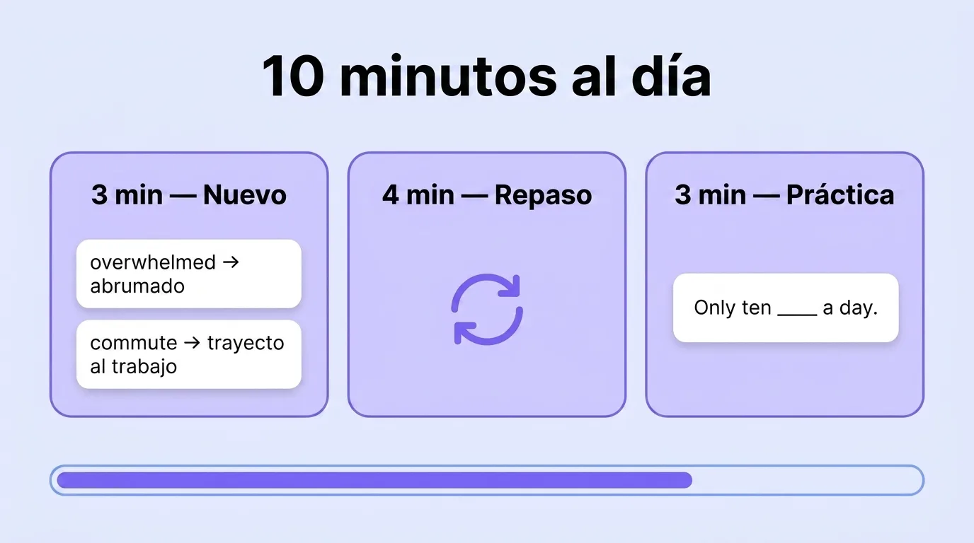 Cómo dividir 10 minutos: 3 minutos nuevo, 4 minutos repaso, 3 minutos práctica