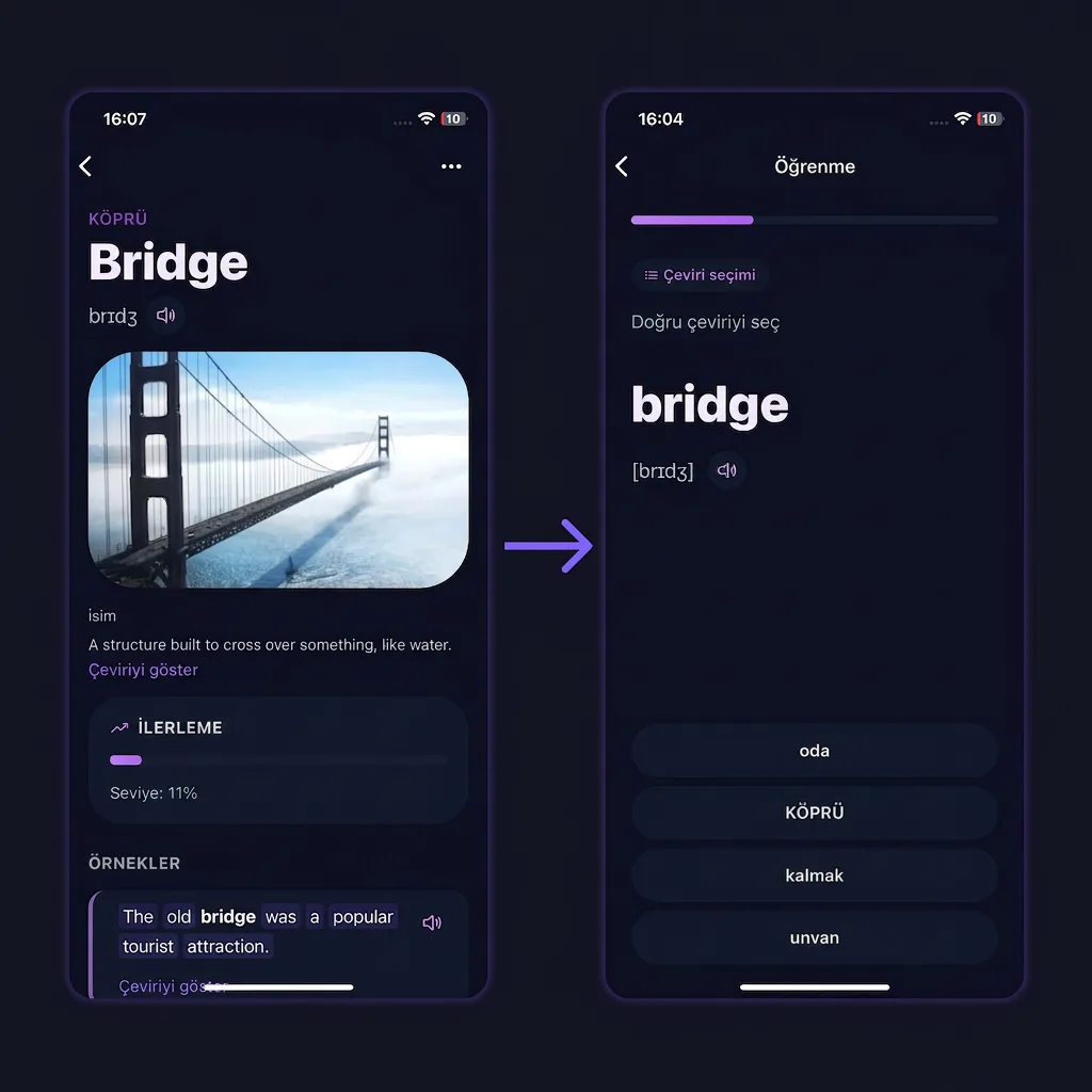 VibeLing: bridge kelimesinin kartı ve çeviri seçimi alıştırması