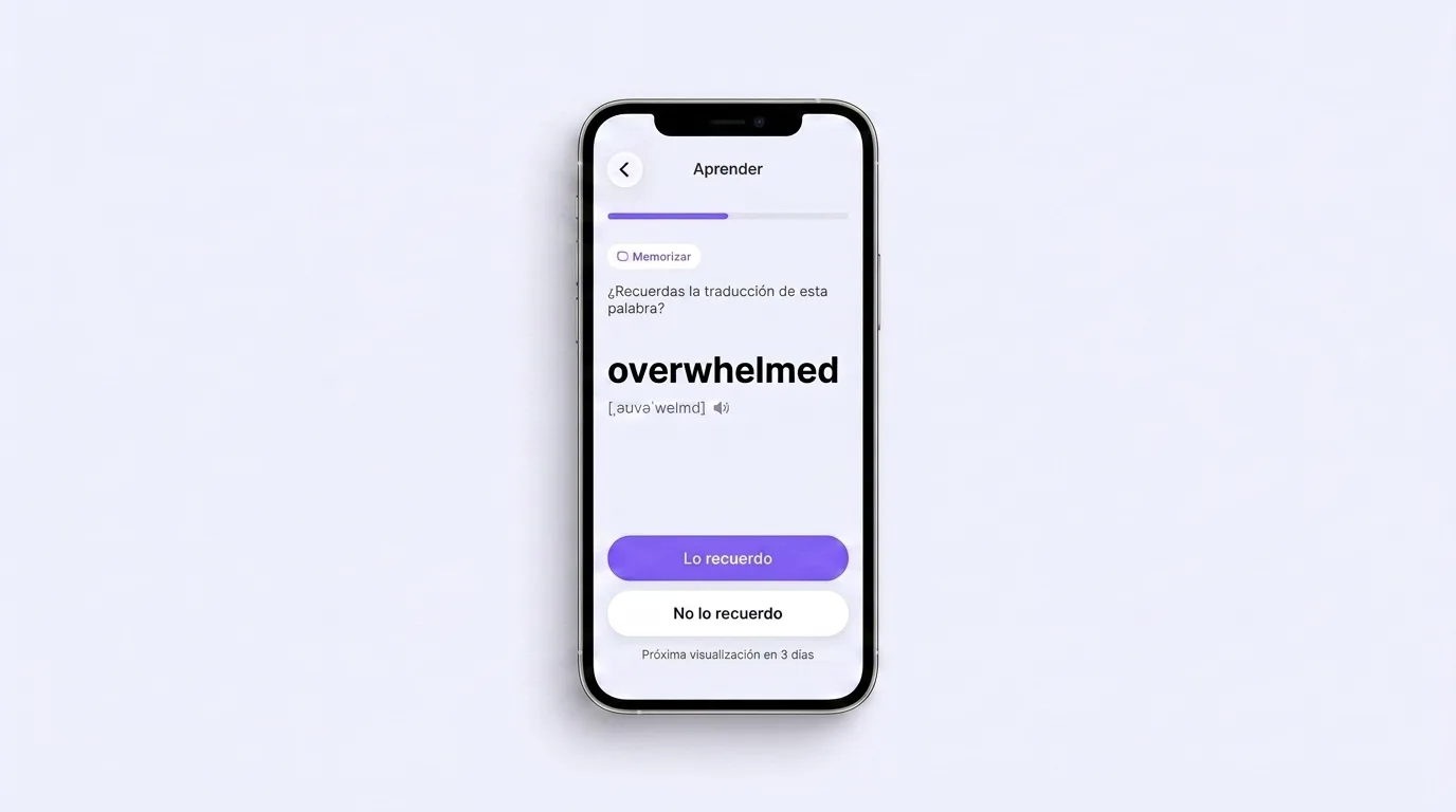 Pantalla de entrenamiento de VibeLing: la palabra overwhelmed con los botones «Lo recuerdo» y «No lo recuerdo» y el aviso «Próxima visualización en 3 días»