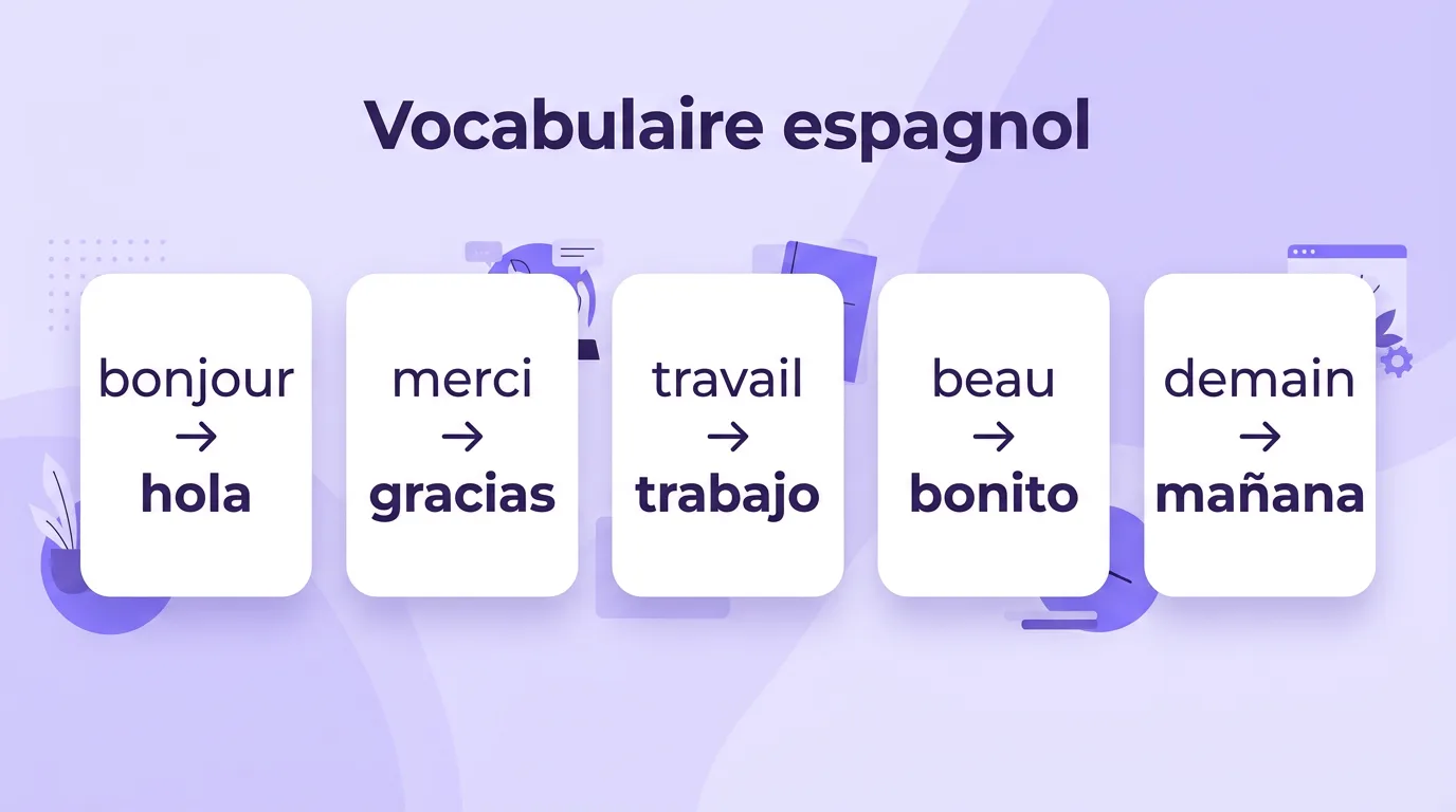 Infographie du vocabulaire espagnol de base avec ses traductions en français