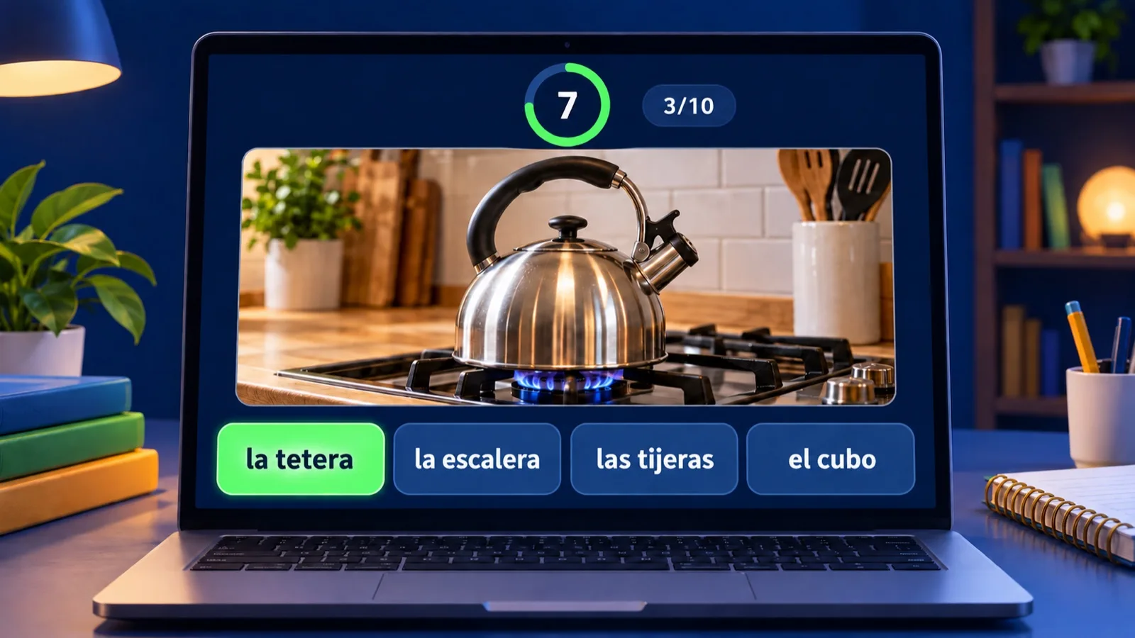 Guess the picture game: a kettle photo and four Spanish words