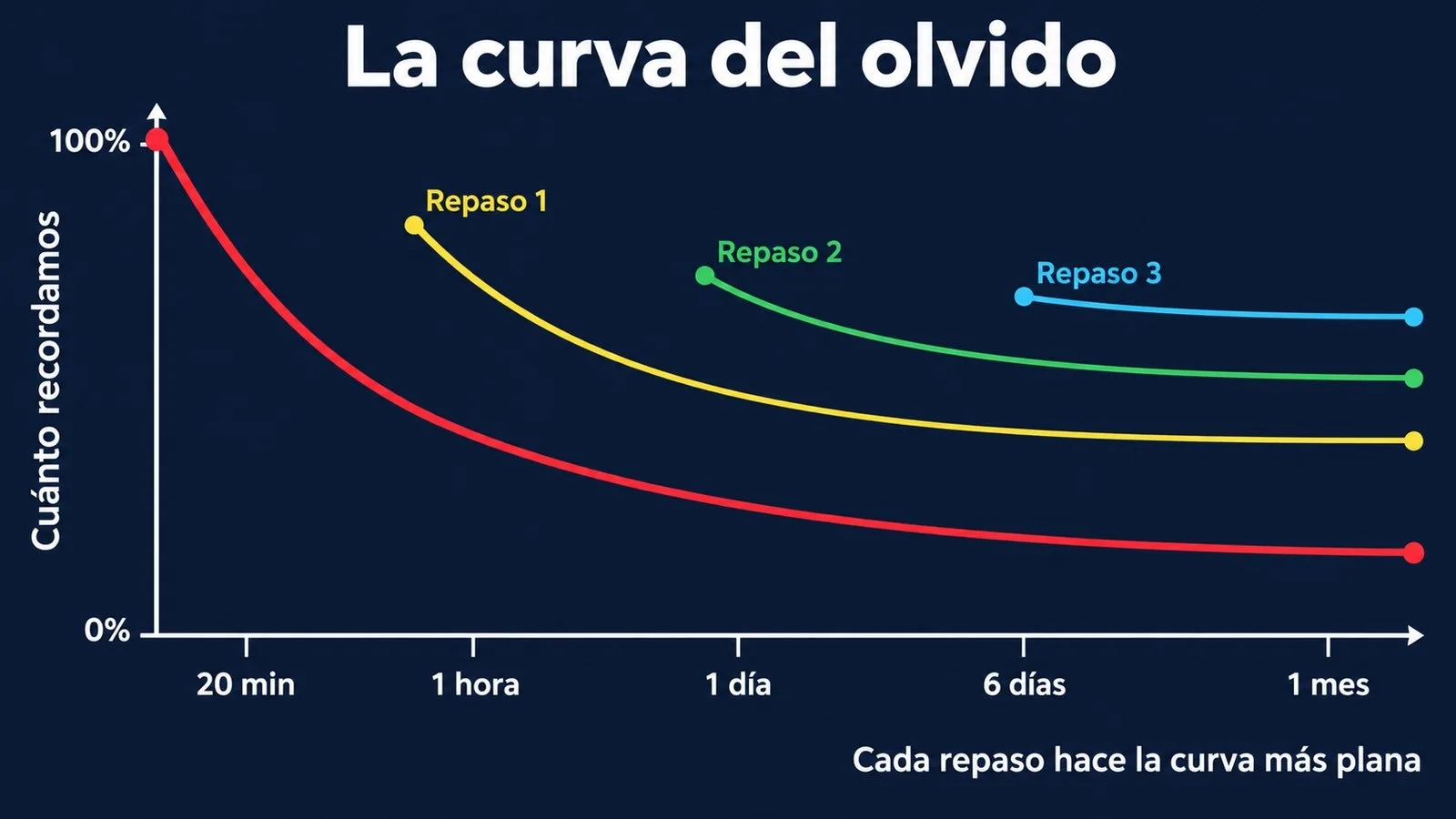 La curva del olvido de Ebbinghaus y cómo cada repaso la hace más plana