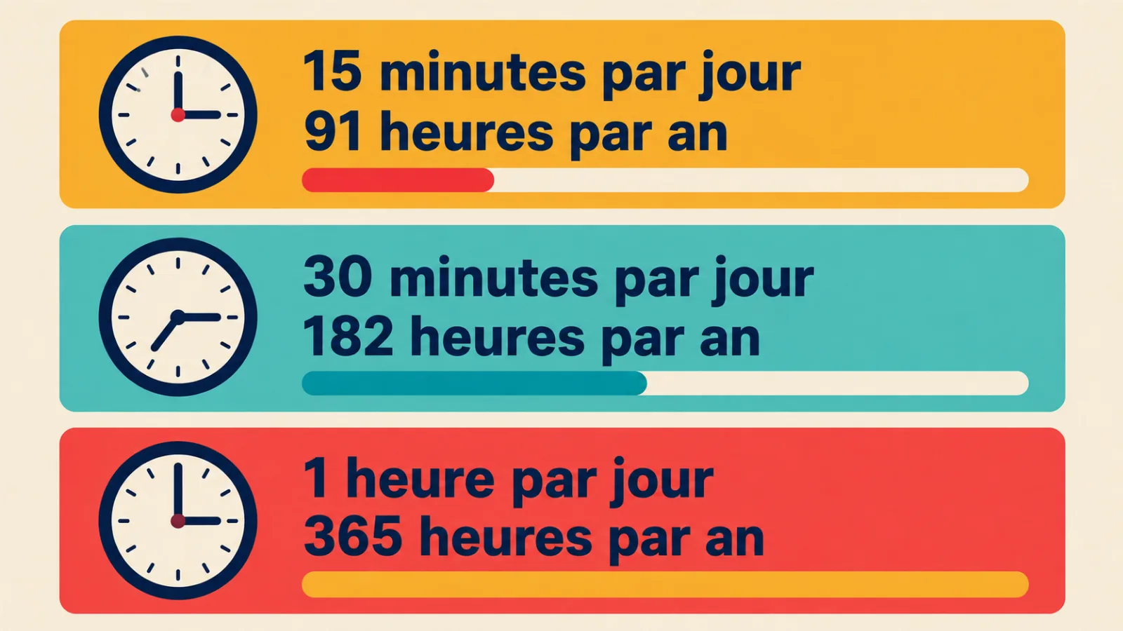 Combien d'heures par an avec 15, 30 et 60 minutes d'étude par jour