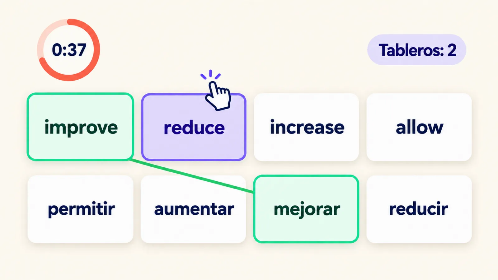 Juego «Parejas»: tablero con palabras en inglés y traducciones al español, una pareja resuelta