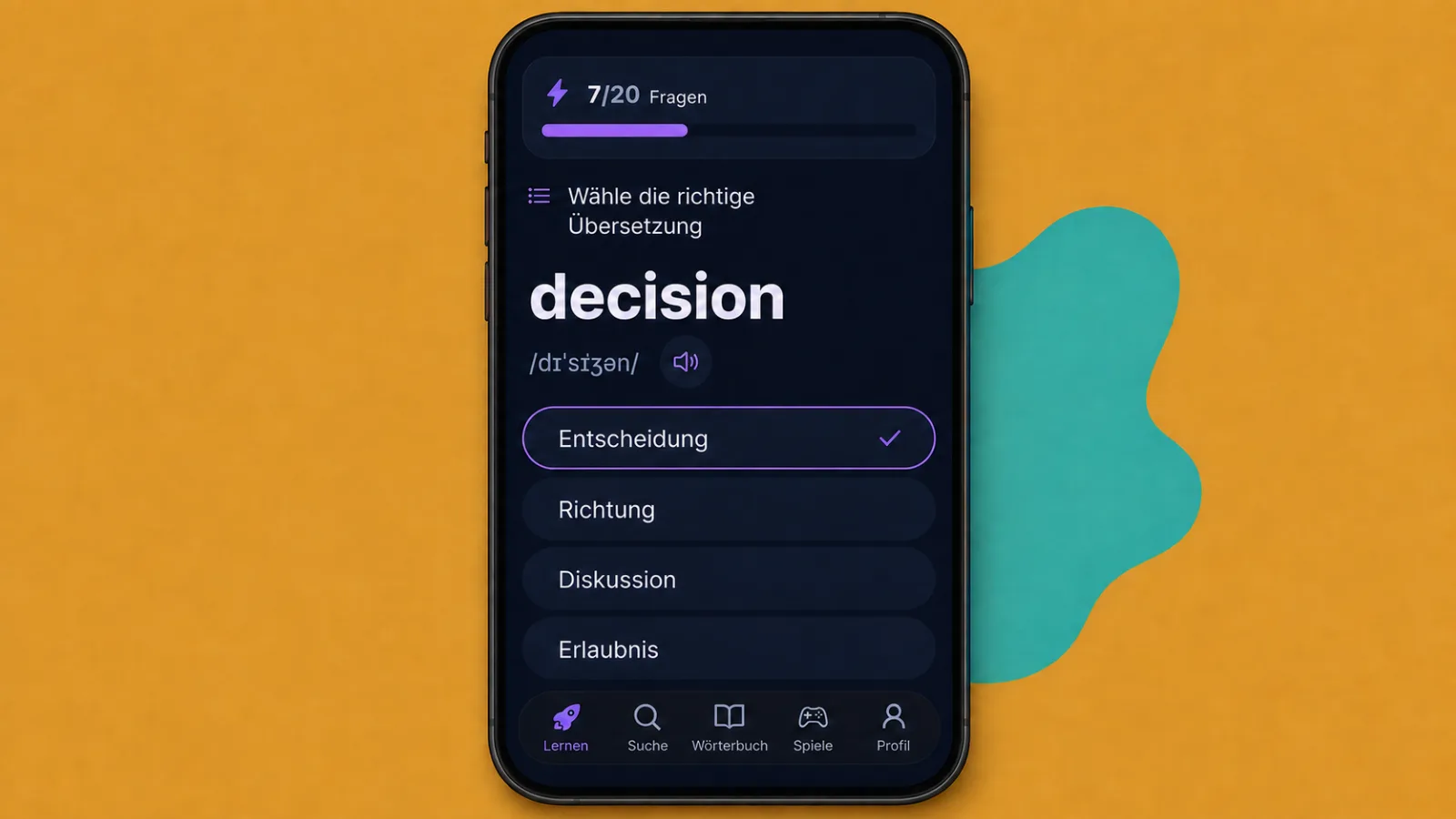 Worttraining in der VibeLing-App: die richtige Übersetzung wählen