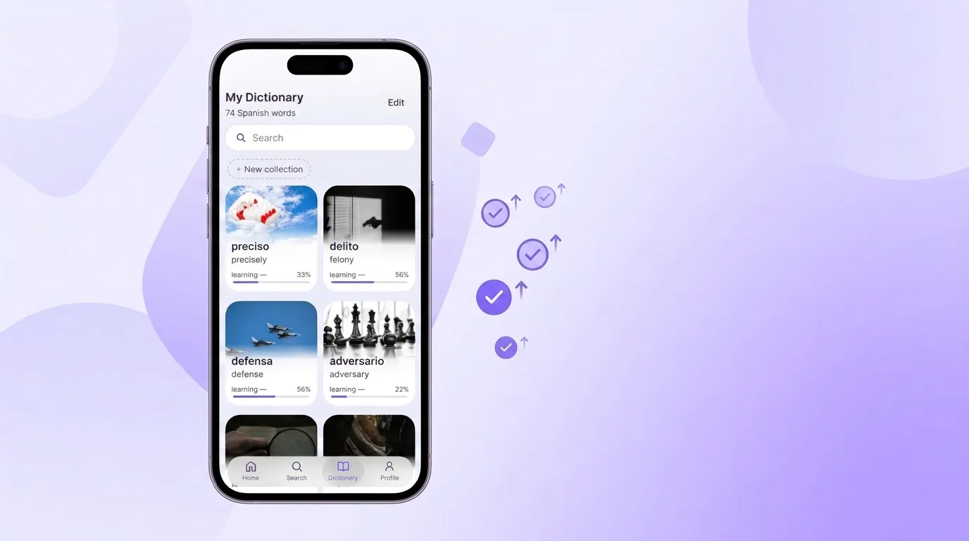 VibeLing app showing per-word learning progress