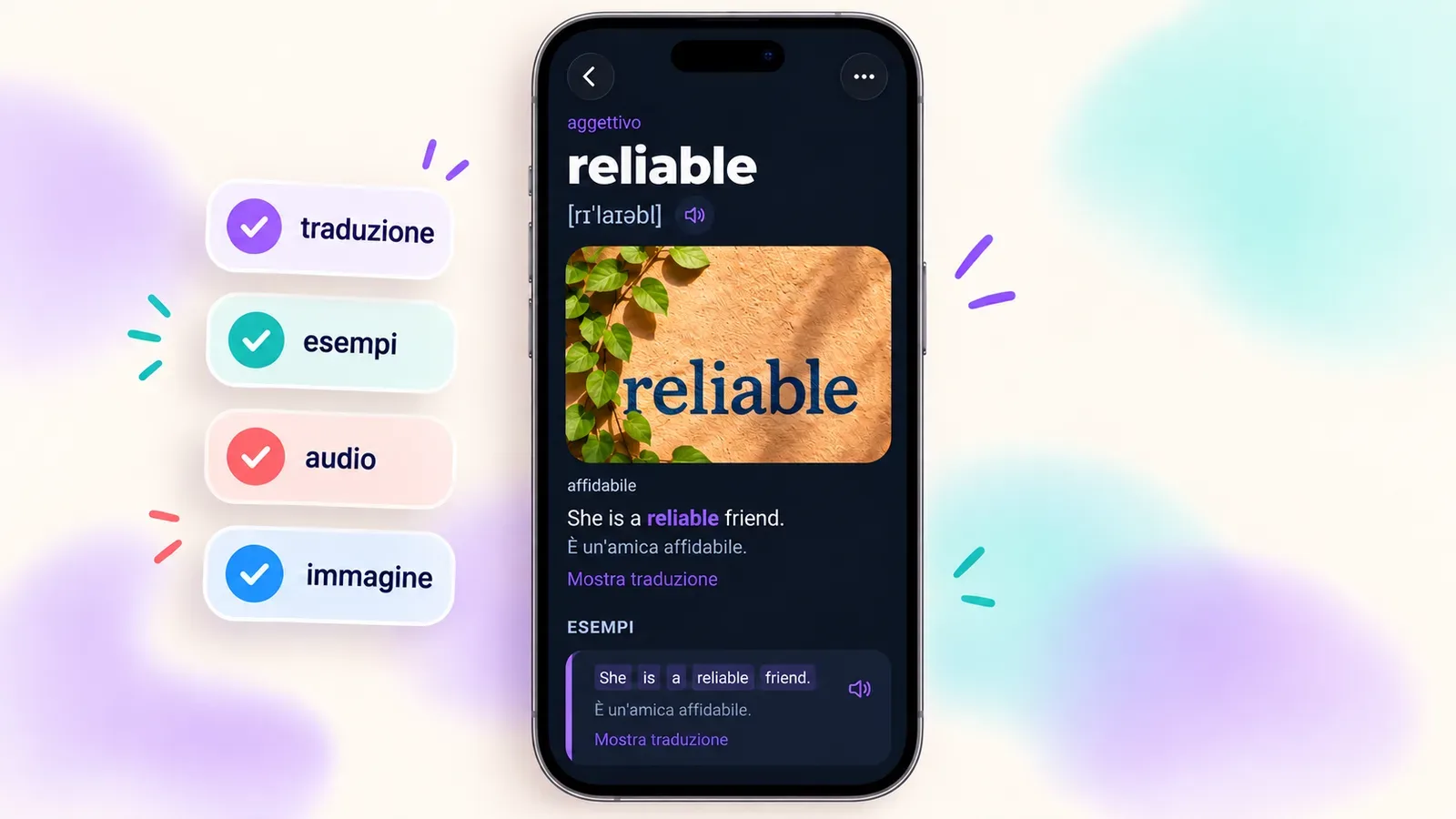 Scheda della parola reliable nell'app VibeLing con traduzione, esempi, audio e immagine già compilati