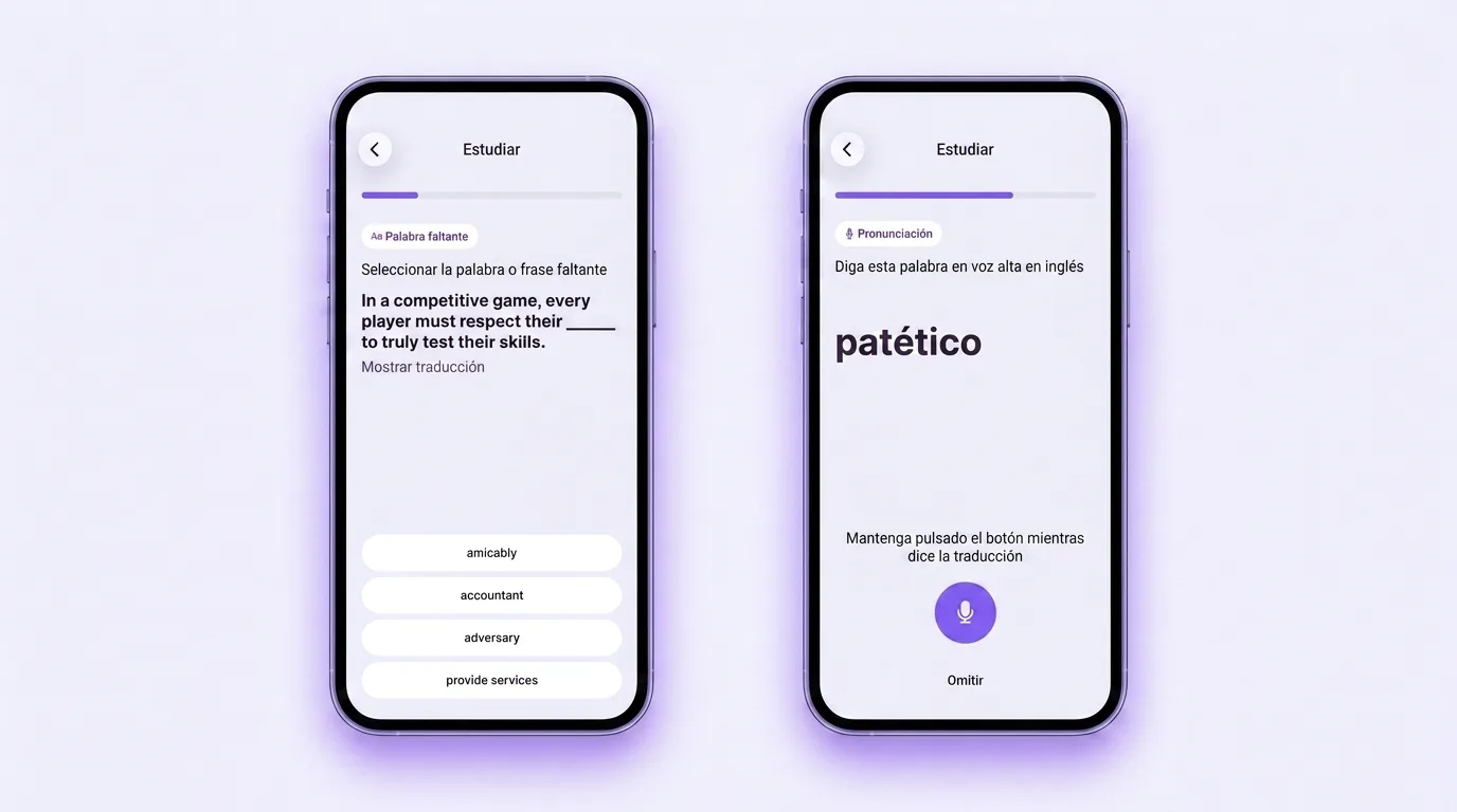 Ejercicios en VibeLing: palabra que falta en una frase y práctica de pronunciación