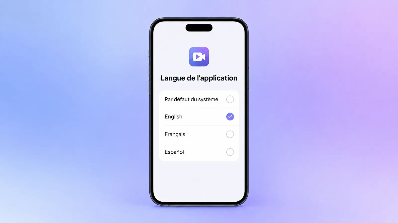 Écran de choix de la langue d'une application