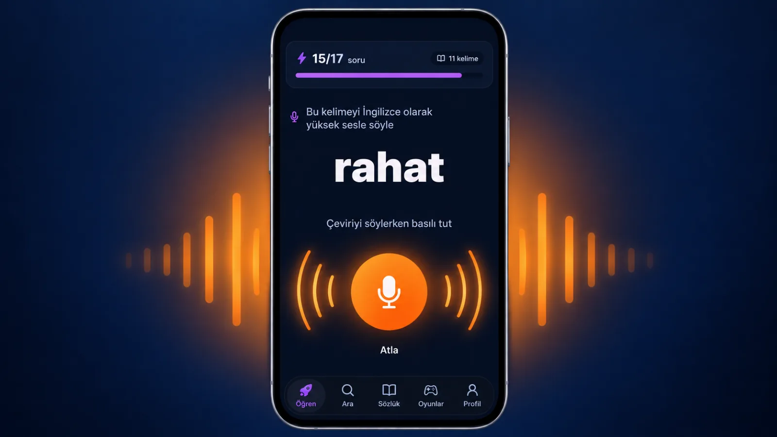 VibeLing'de telaffuz alıştırması: rahat kelimesi ve mikrofon düğmesi