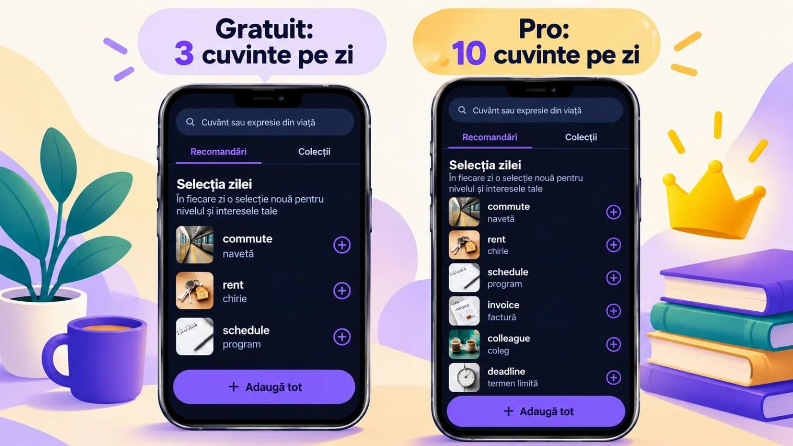 Recomandări de cuvinte în VibeLing: 3 pe zi gratuit, 10 în Pro