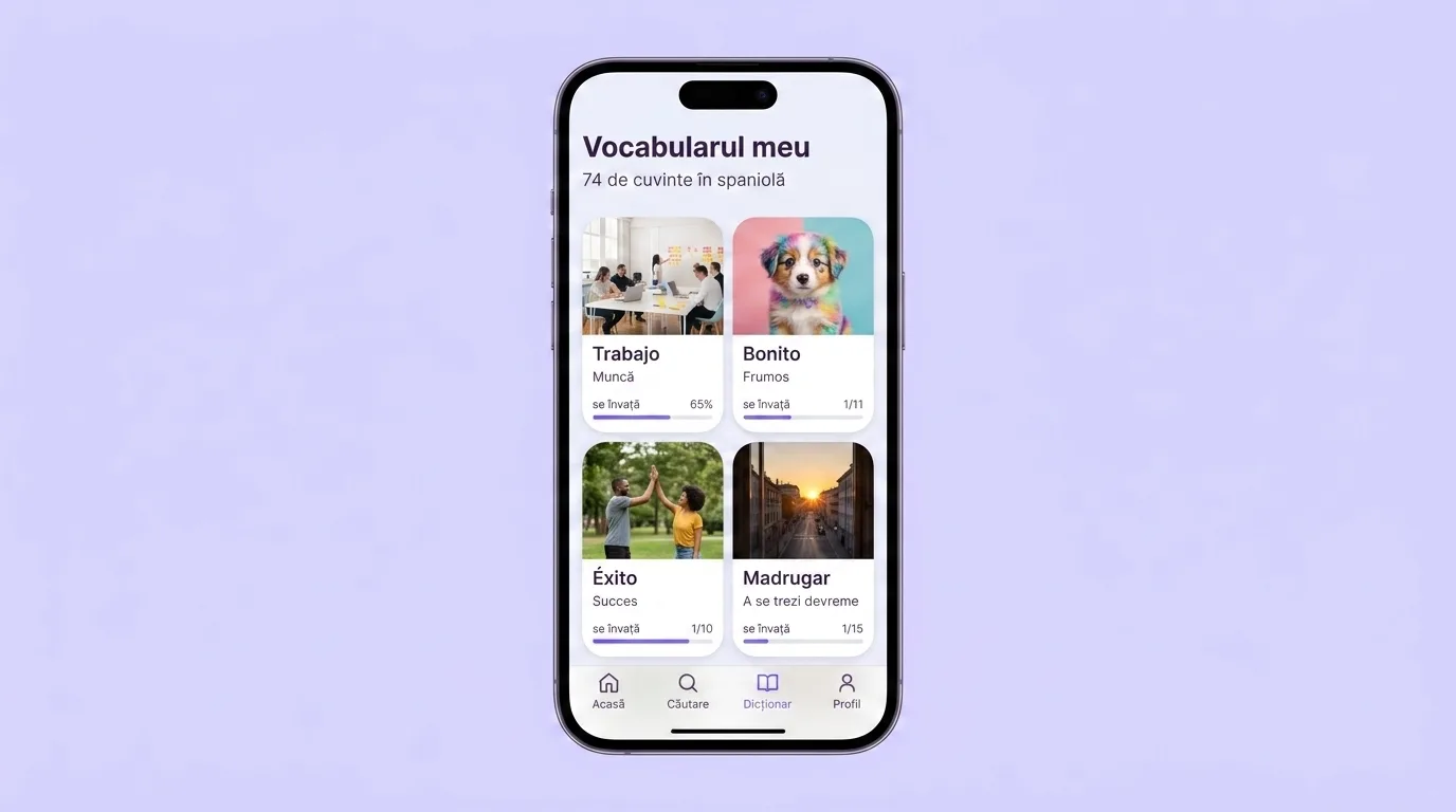 Ecranul „Vocabularul meu” din aplicația VibeLing cu cuvinte în spaniolă și bare de progres
