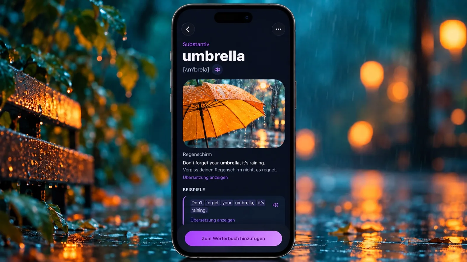 Wortkarte umbrella mit Bild in der App VibeLing