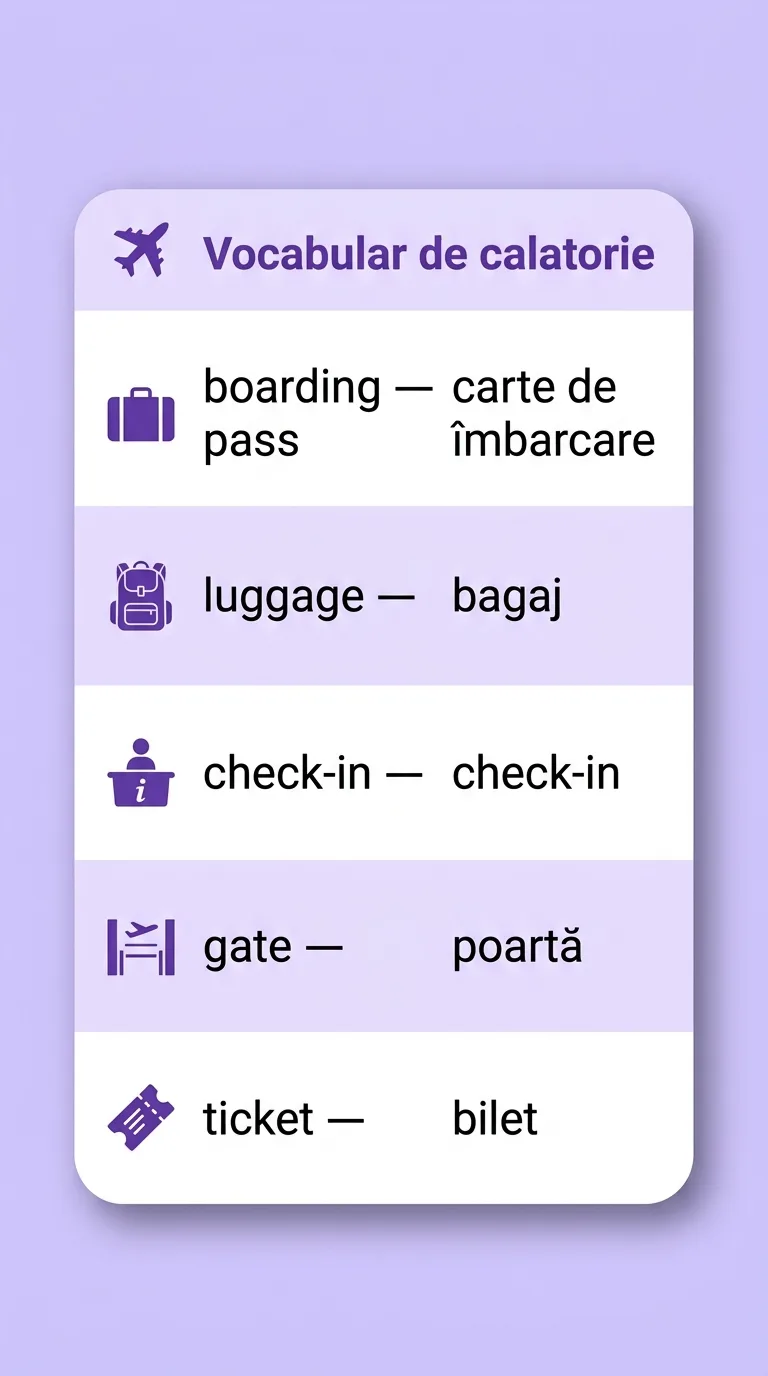 Ghid de conversație pentru călătorii: cuvinte în engleză cu traducere (boarding pass, luggage, check-in, gate, ticket)