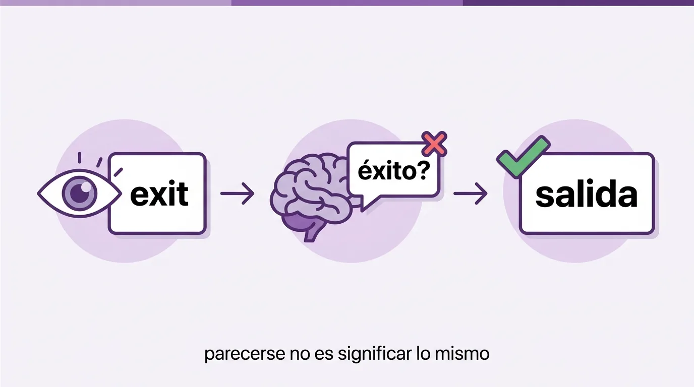 La trampa: ves exit, el cerebro sugiere éxito, el significado real es salida