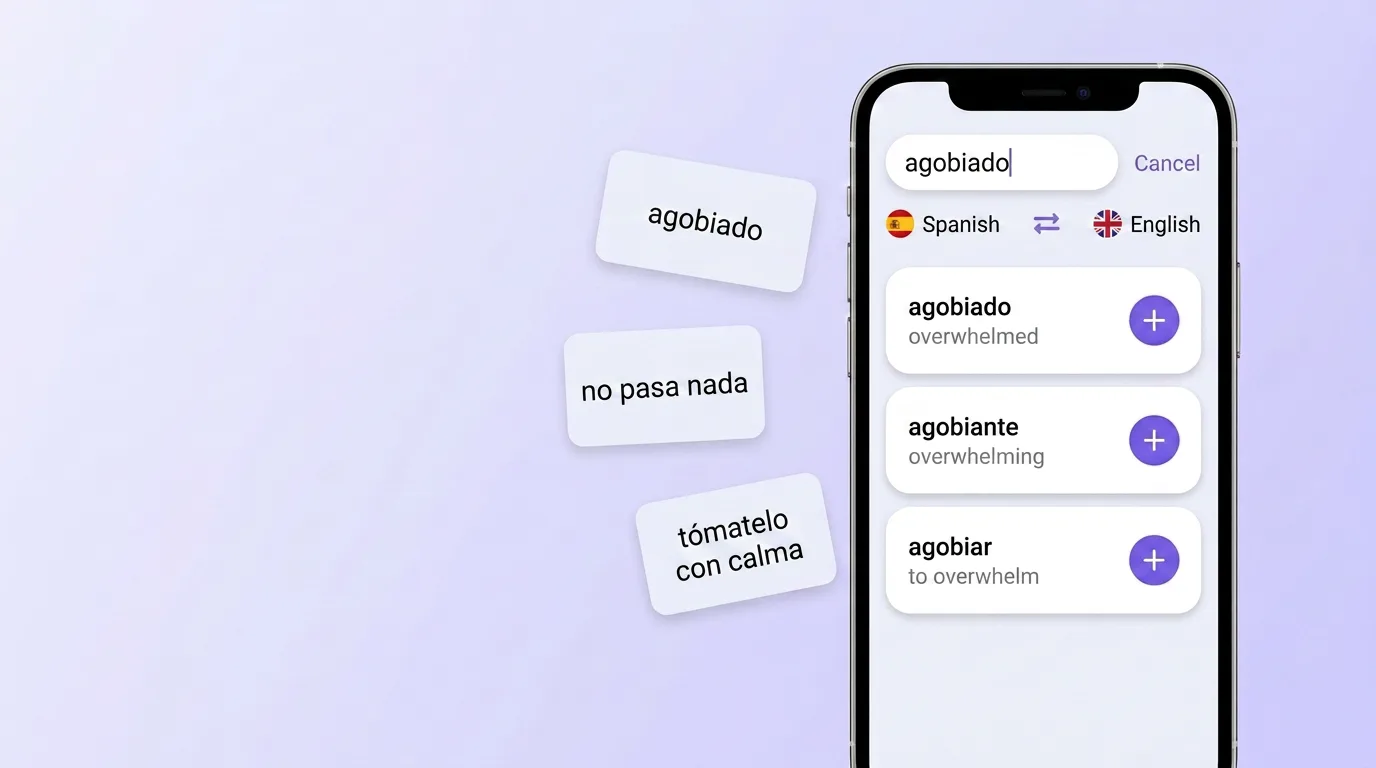 Searching for the Spanish word agobiado in VibeLing and adding it to your own vocabulary