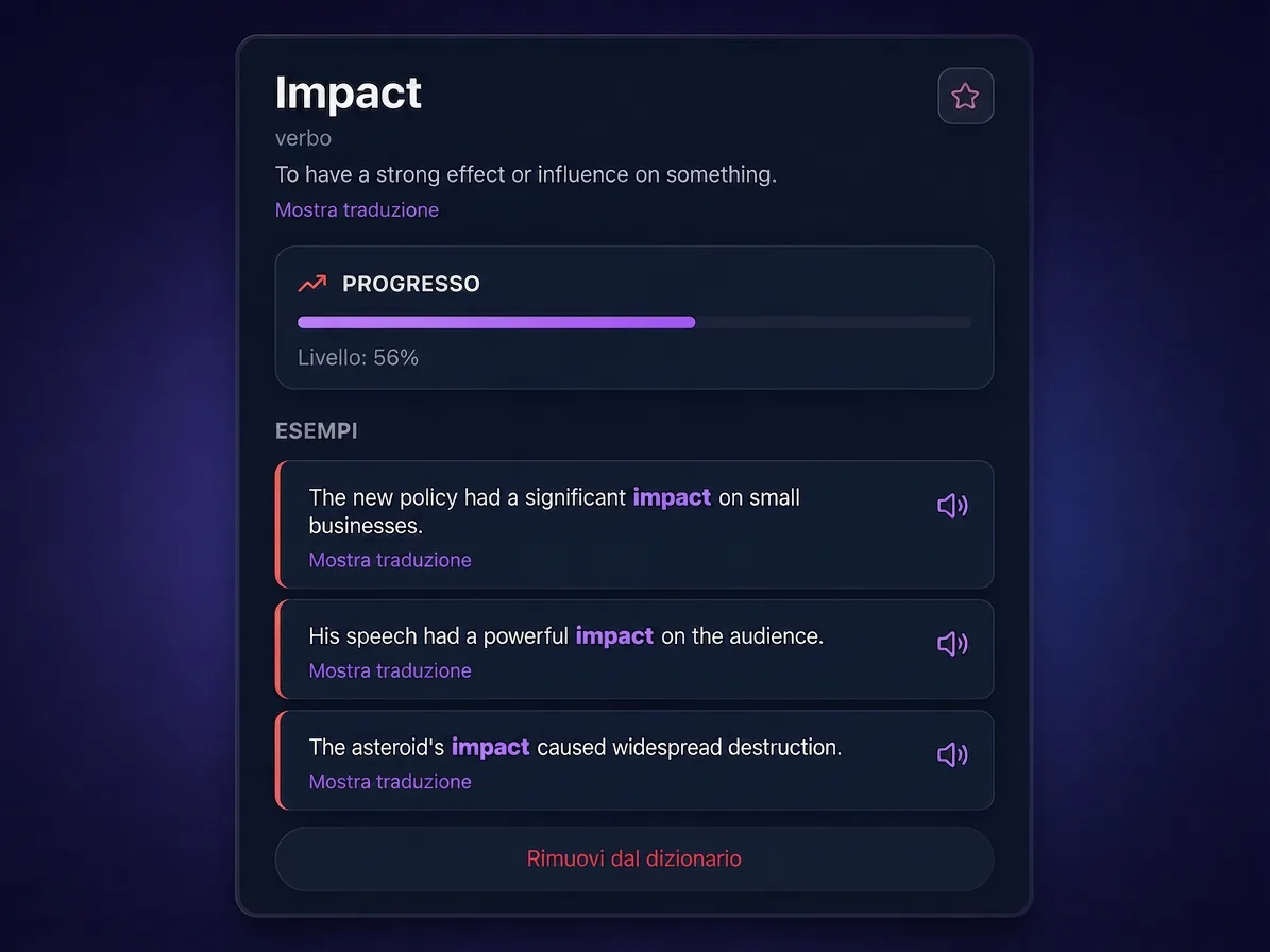 Scheda della parola inglese impact in VibeLing con definizione, progresso ed esempi