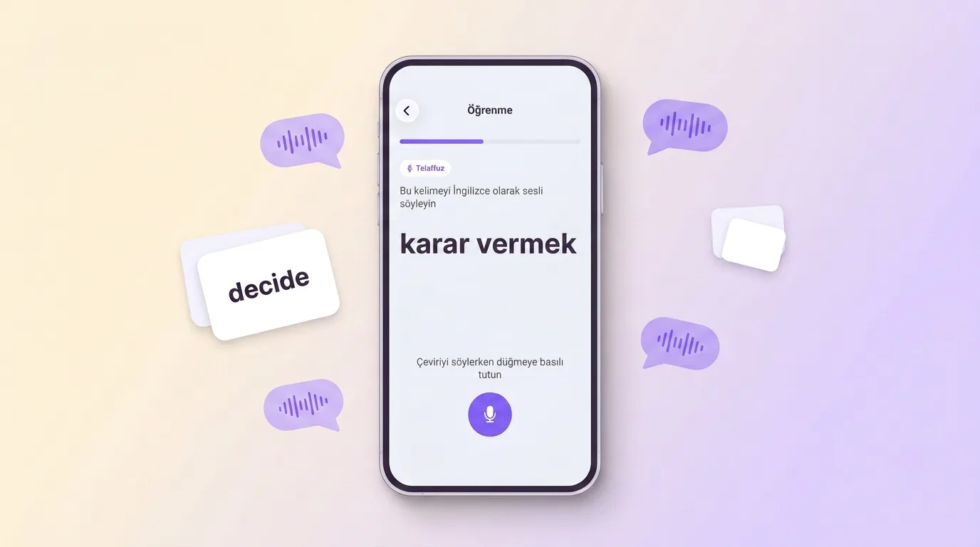 VibeLing'de telaffuz alıştırması: Türkçe kelimenin İngilizcesi sesli söyleniyor