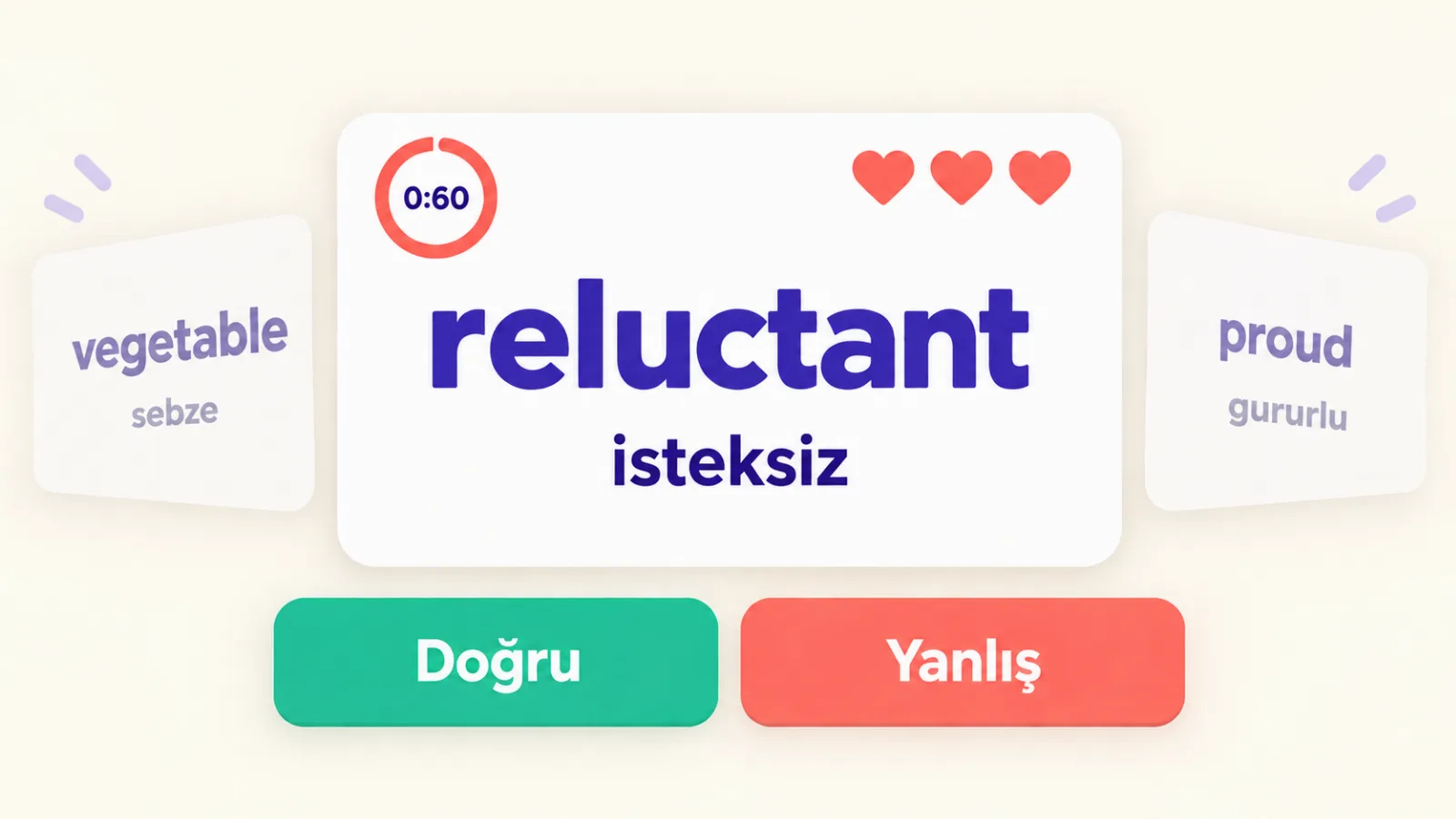 „Doğru mu, yanlış mı” oyunu: reluctant kelimesi, „isteksiz” çevirisi ve „Doğru” / „Yanlış” düğmeleri