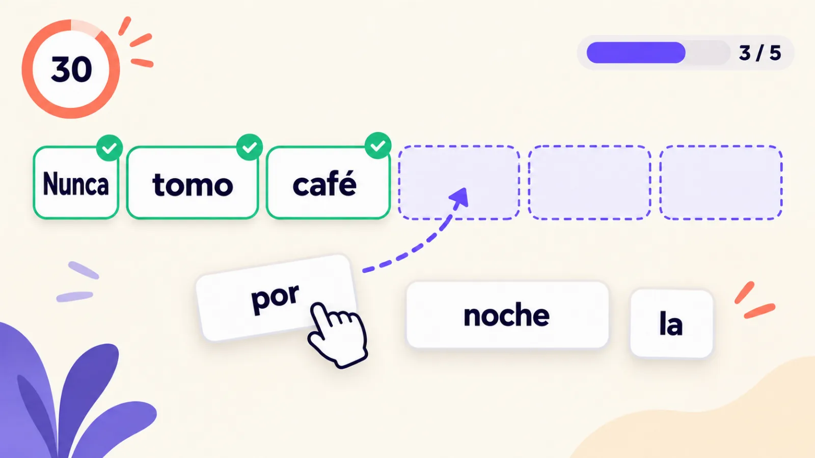 Build the sentence game: word tiles being assembled into a sentence