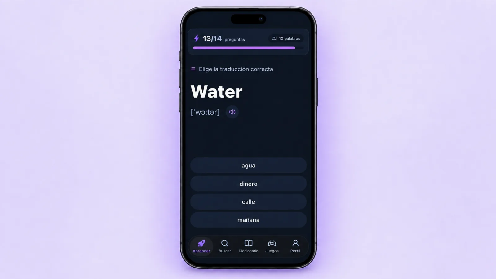 Pantalla de entrenamiento de VibeLing con la palabra Water
