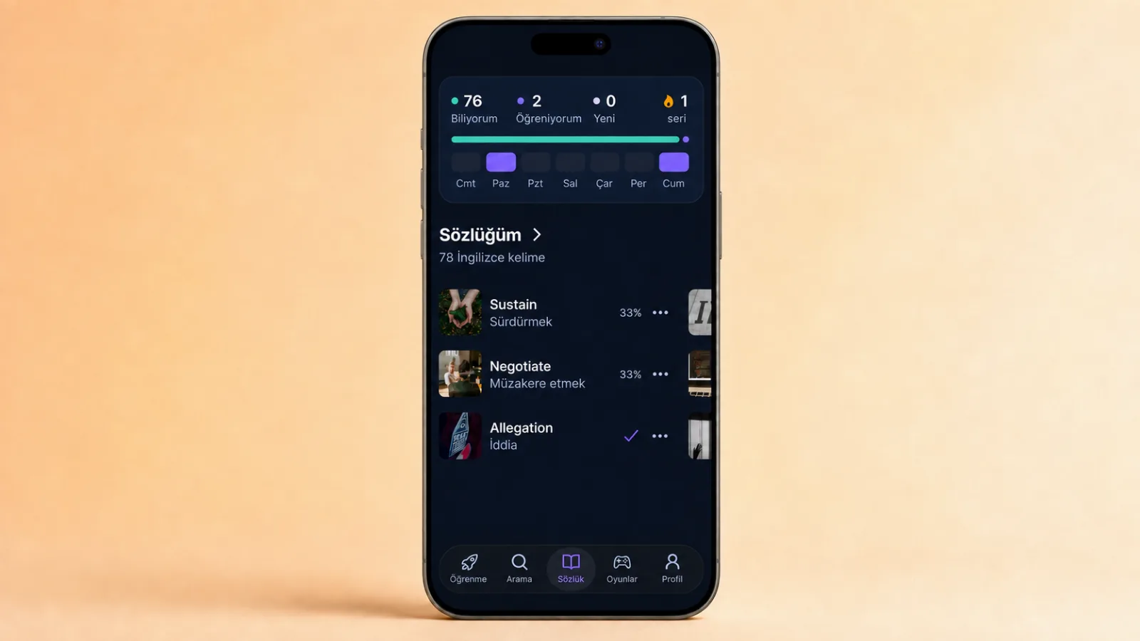 VibeLing'de sözlük ekranı: seri, haftalık aktivite ve yeni, öğreniyorum, biliyorum dağılımı