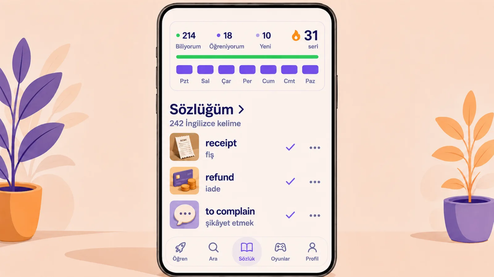 VibeLing ana ekranında gün serisi ve sözlük sayaçları