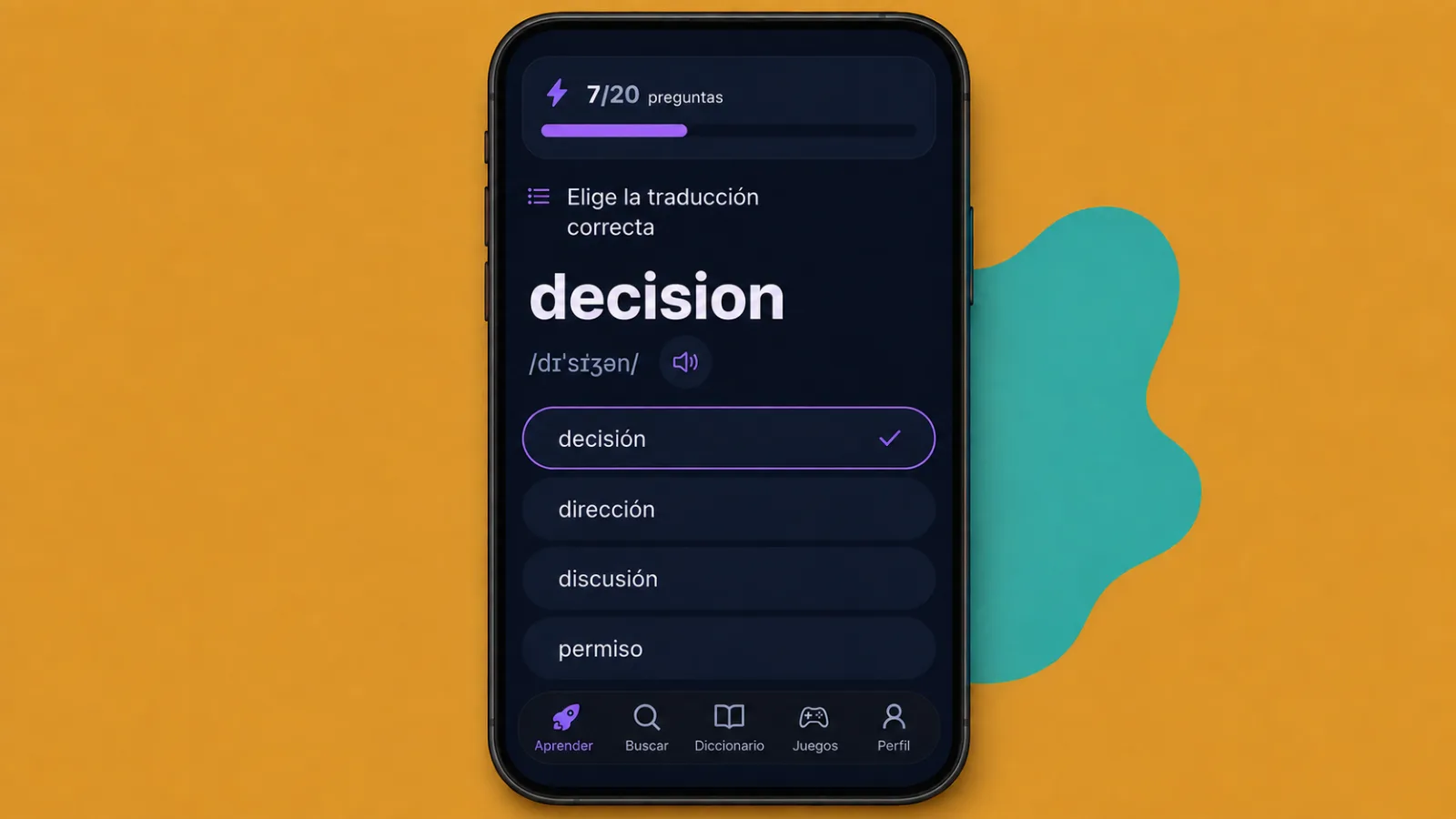 Entrenamiento de una palabra en la app VibeLing: elegir la traducción correcta