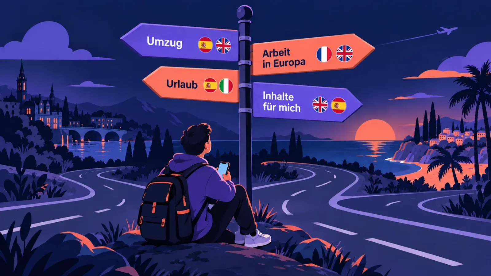 Ein Wegweiser mit Zielen: Umzug, Arbeit in Europa, Urlaub, Inhalte für dich, und die passenden Sprachen dazu