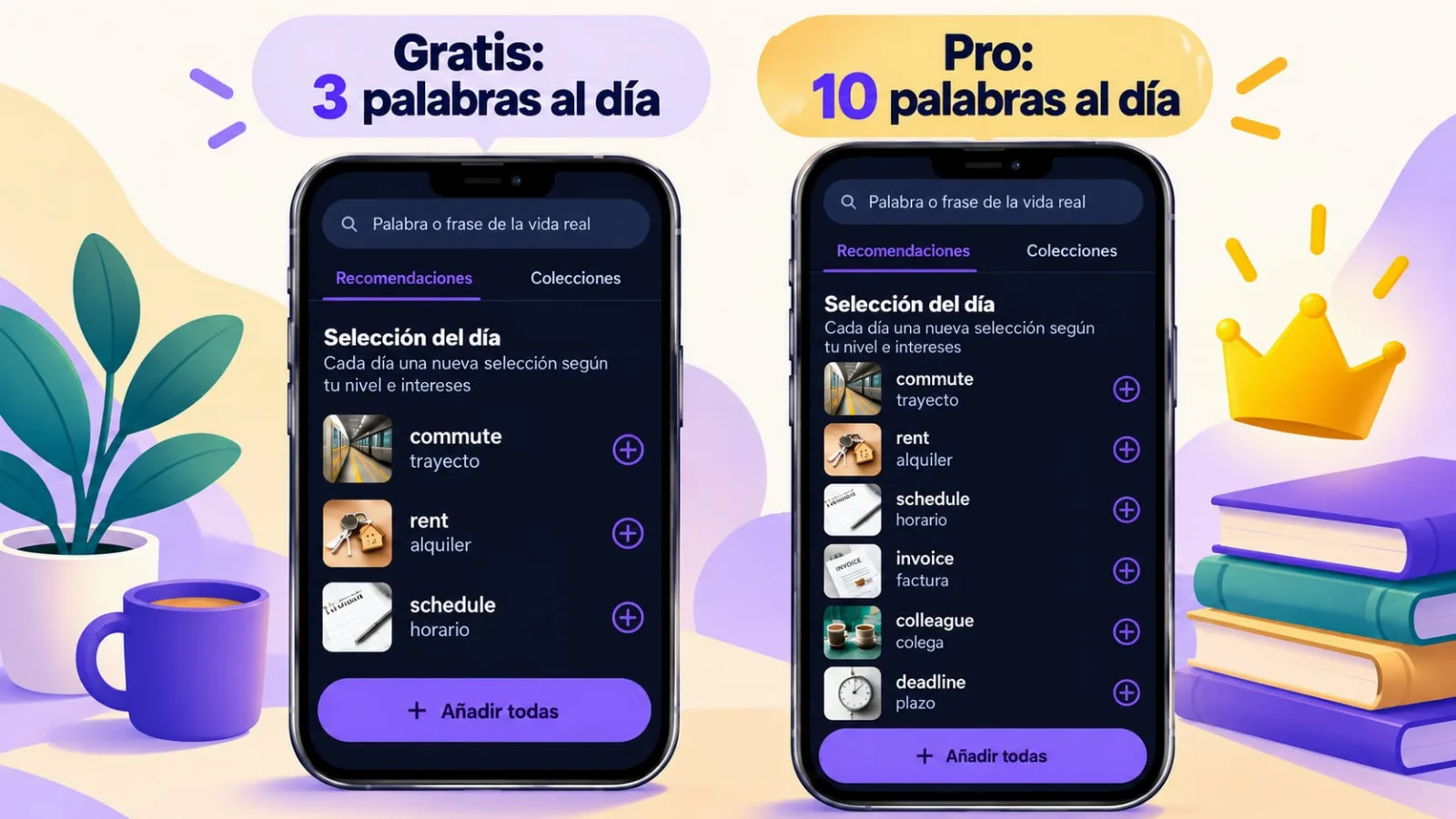 Recomendaciones de palabras en VibeLing: 3 al día gratis y 10 en Pro