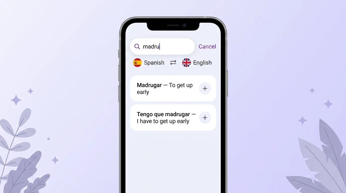 VibeLing screen: saving the word madrugar with its translation
