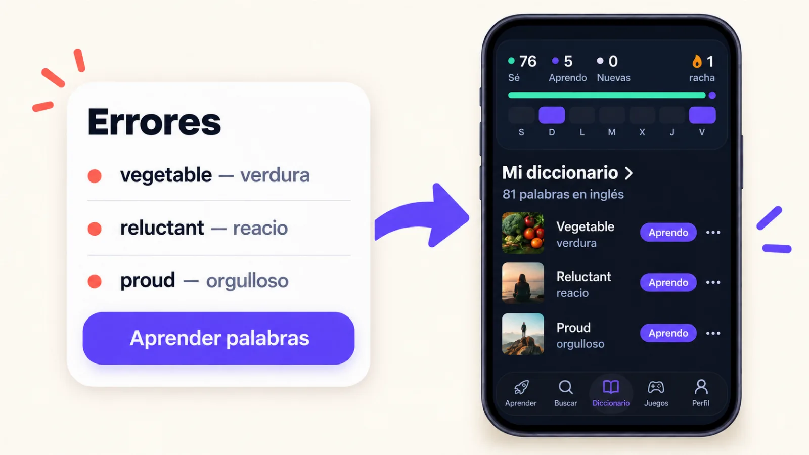 Pantalla de resultados con la lista de errores y el botón «Aprender palabras», junto al diccionario de VibeLing con esas palabras