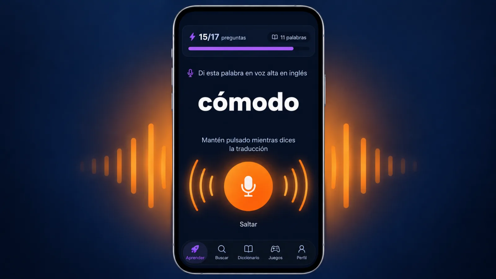 Ejercicio de pronunciación en VibeLing: la palabra cómodo y el botón del micrófono