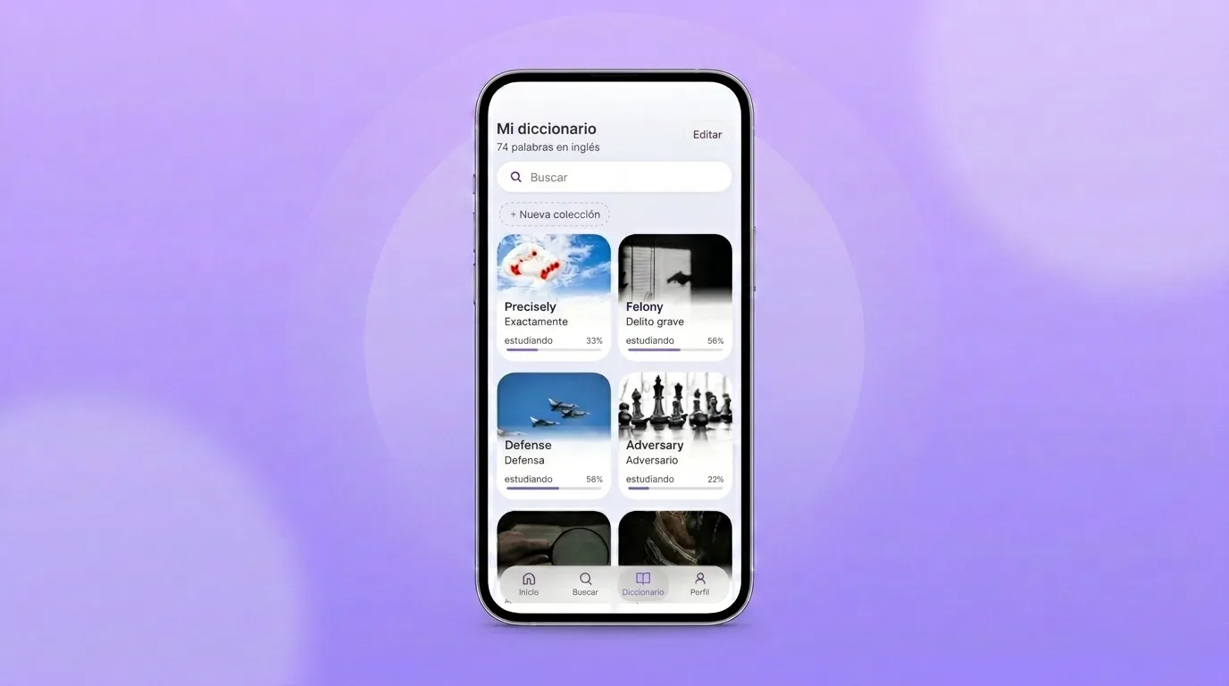 Pantalla «Mi diccionario» en VibeLing: tarjetas de palabras con progreso de estudio