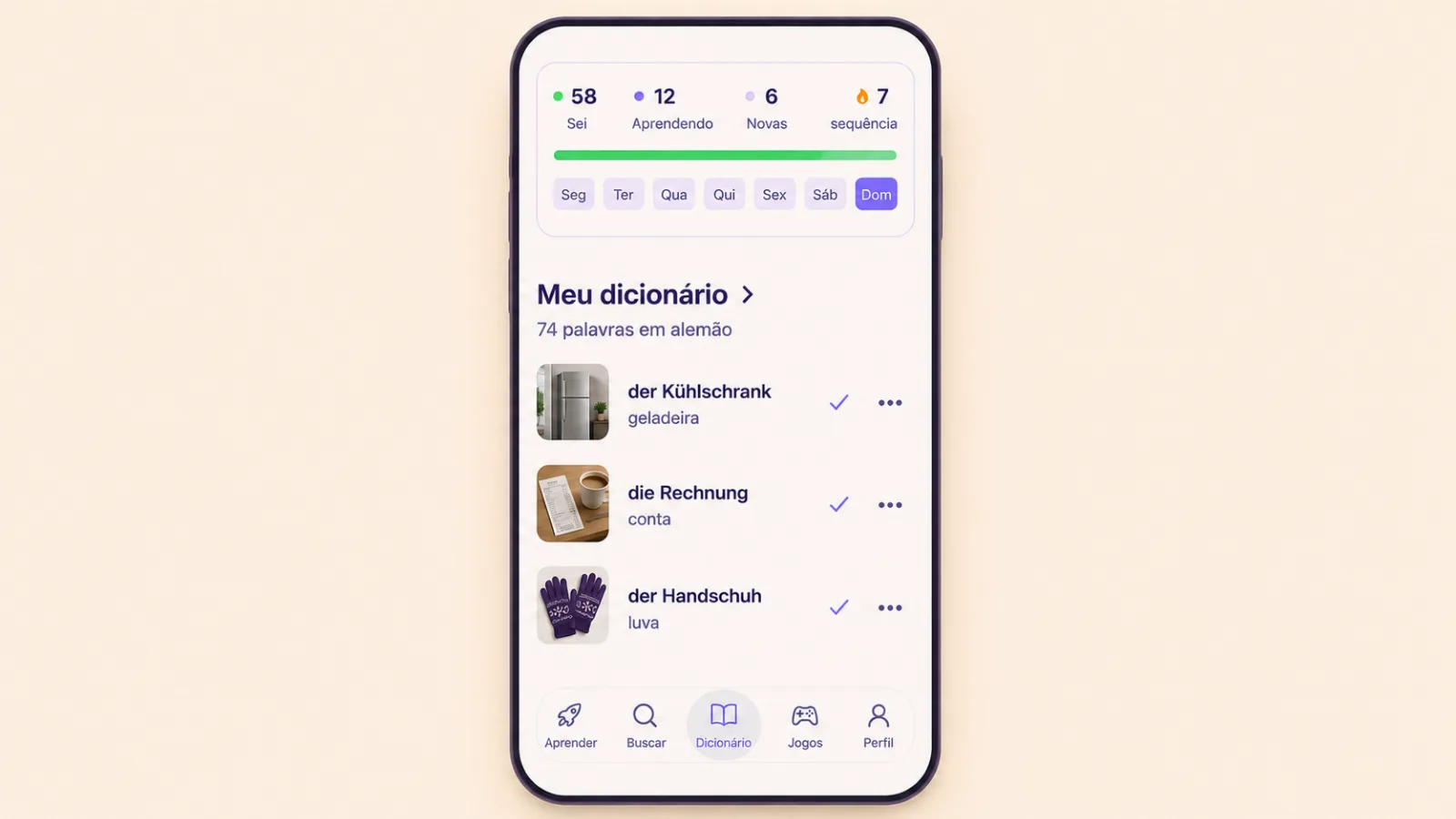 A tela Meu dicionário no VibeLing com palavras em alemão