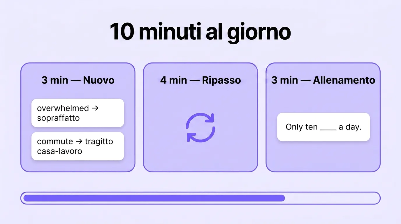 Dieci minuti al giorno divisi in tre blocchi: nuovo, ripasso e allenamento