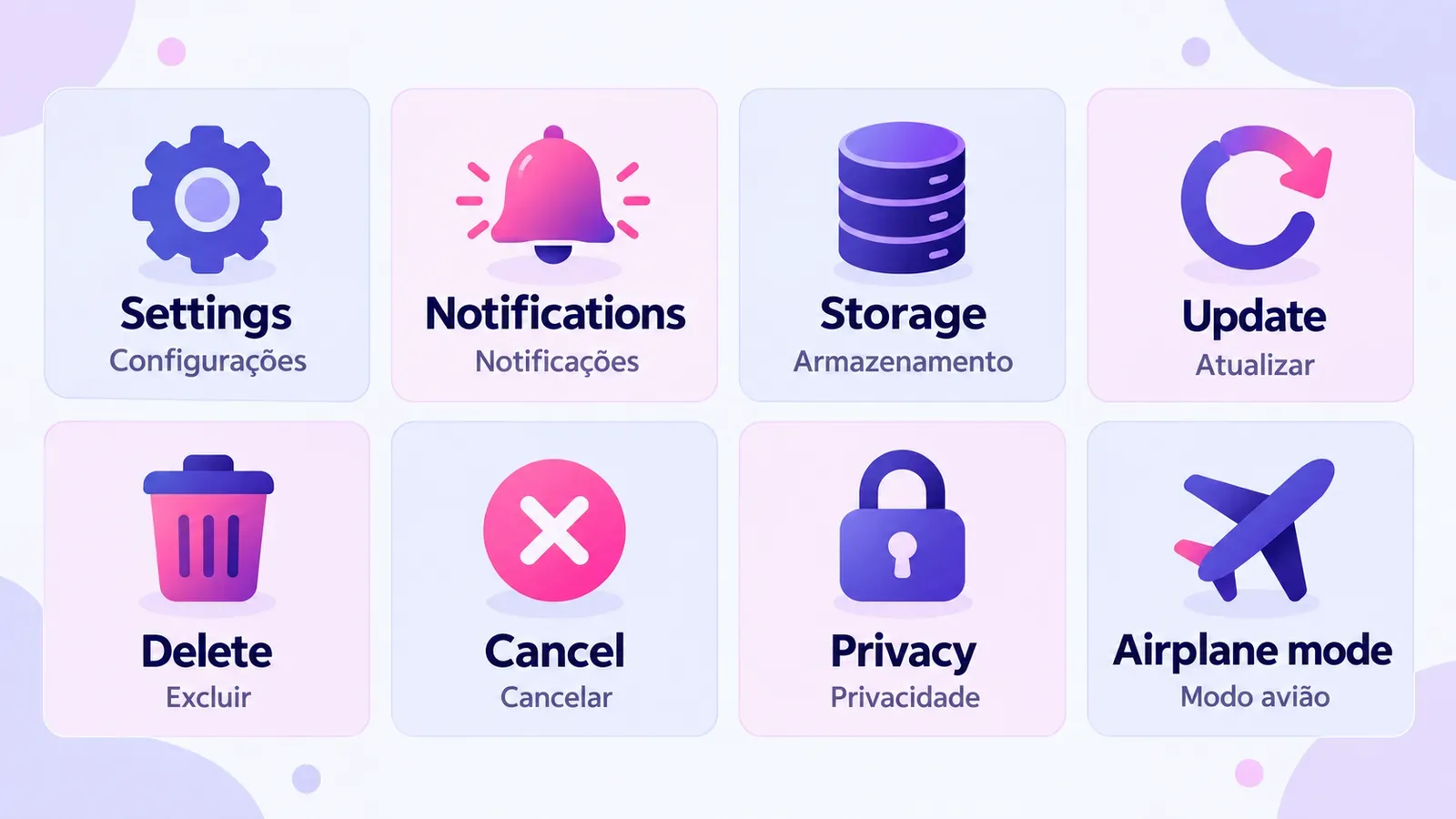 Cartões com palavras comuns da interface do celular em inglês e a tradução