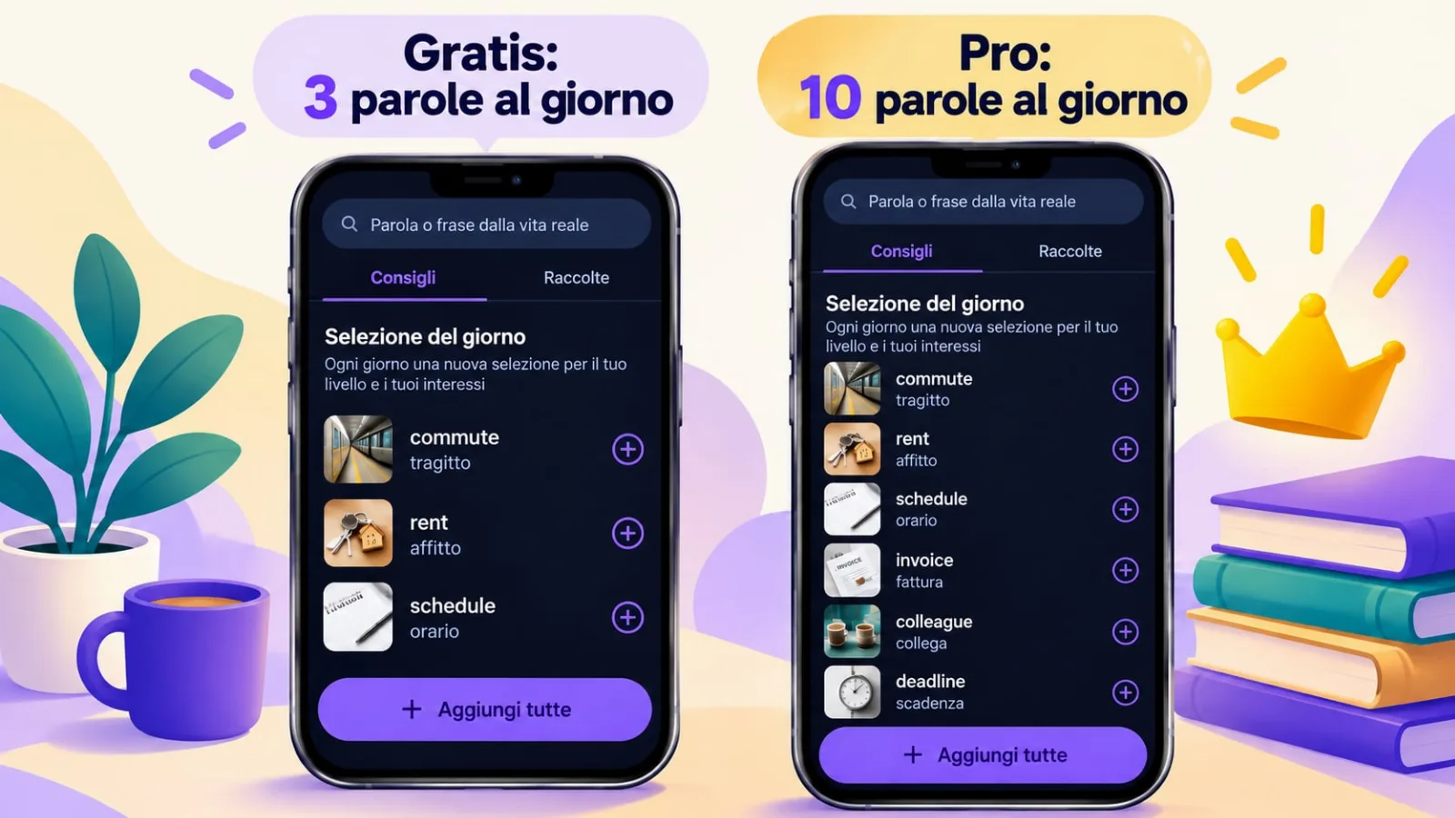 Parole consigliate in VibeLing: 3 al giorno gratis, 10 in Pro