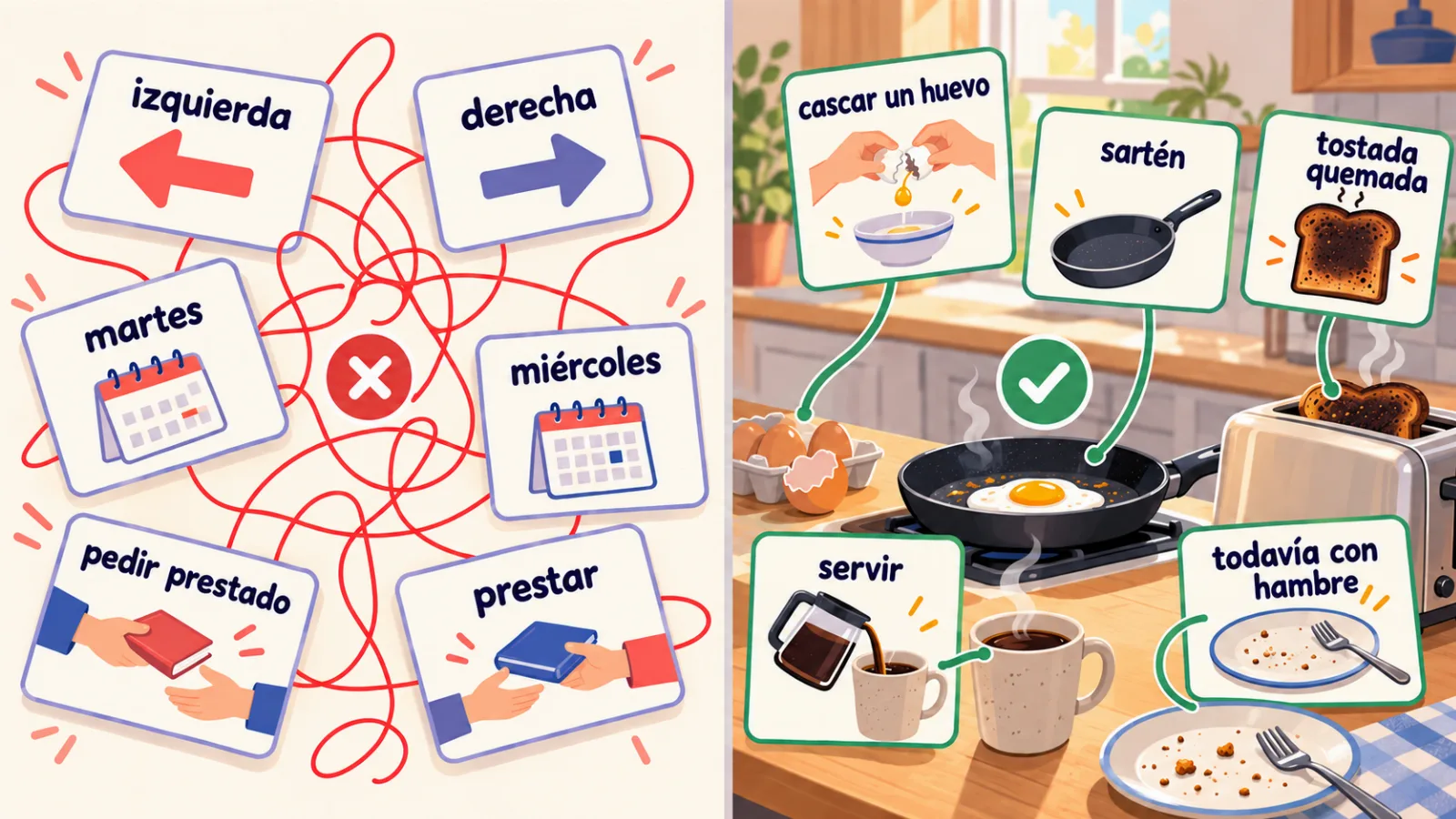 Mixed-up word cards versus a breakfast scene with connected Spanish words
