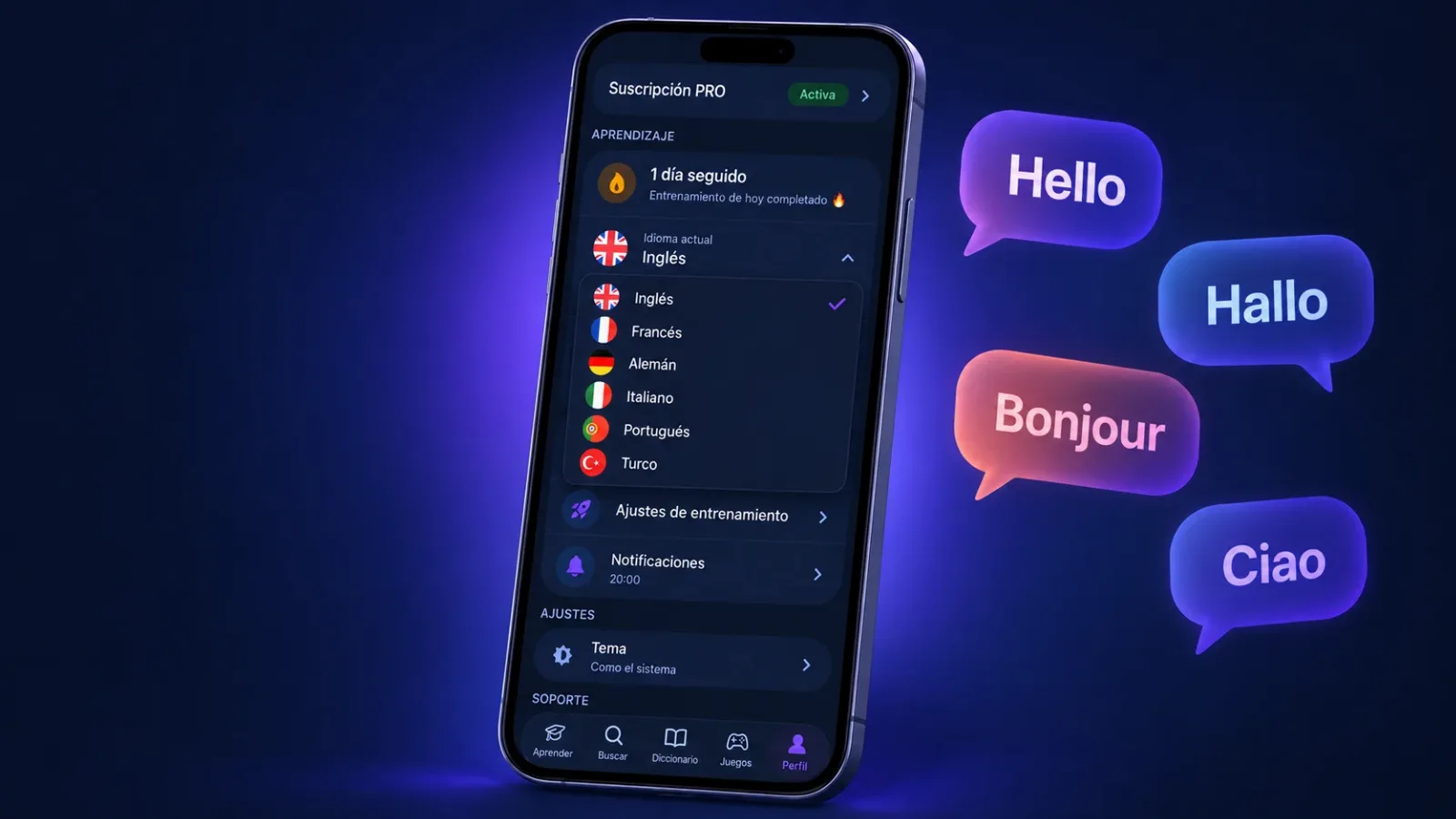 Pantalla de perfil de VibeLing con el selector de idioma: inglés, francés, alemán, italiano, portugués, turco