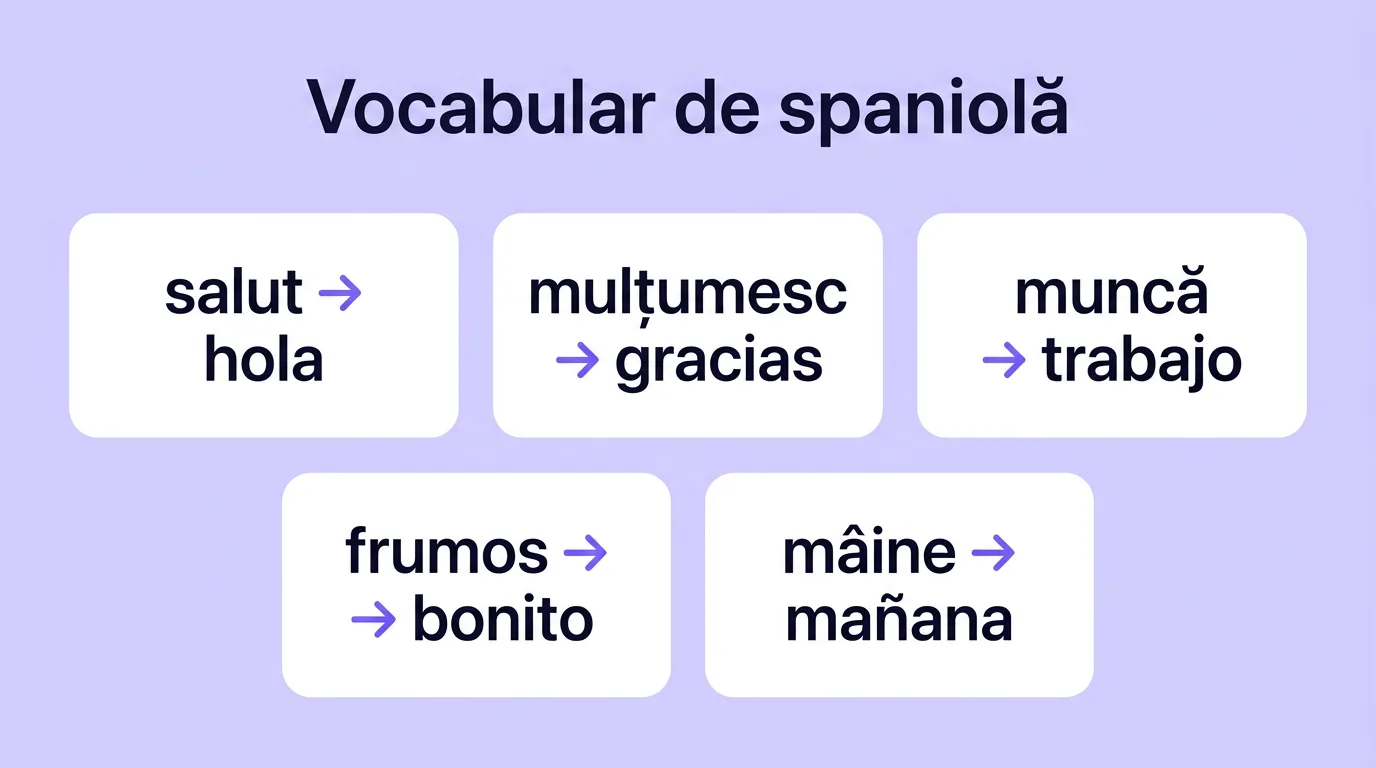 Infografic cu vocabular de spaniolă: cinci perechi de cuvinte în română și echivalentele lor în spaniolă