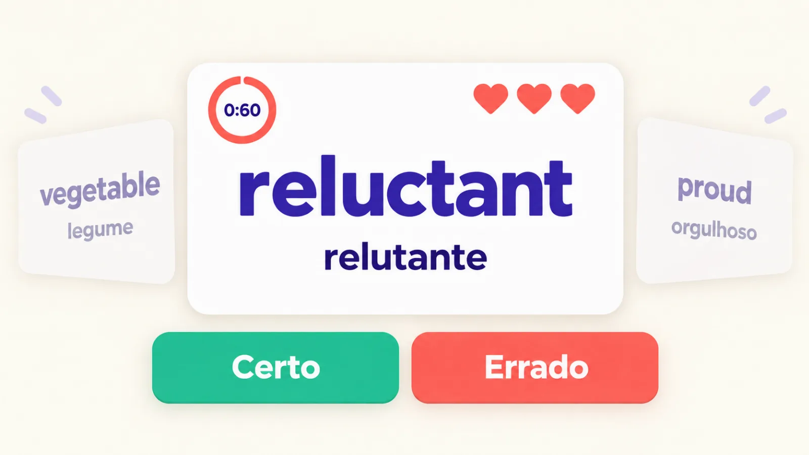 Jogo «Verdadeiro ou falso»: a palavra reluctant, a tradução «relutante» e os botões «Certo» / «Errado»