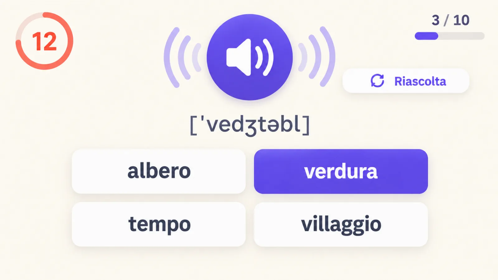 Gioco «Sprint d'ascolto»: la parola viene letta ad alta voce, quattro traduzioni sullo schermo