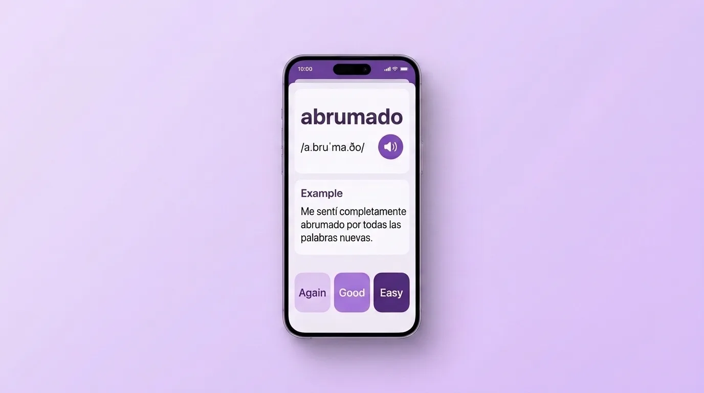 A Spanish word card for abrumado with pronunciation, audio and an example sentence