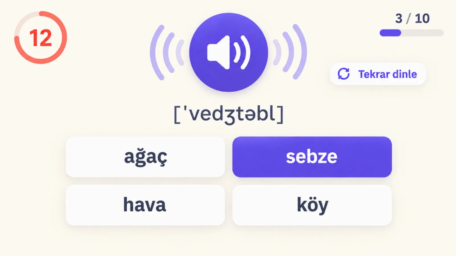„Dinleme sprinti” oyunu: kelime sesli okunuyor, ekranda dört çeviri